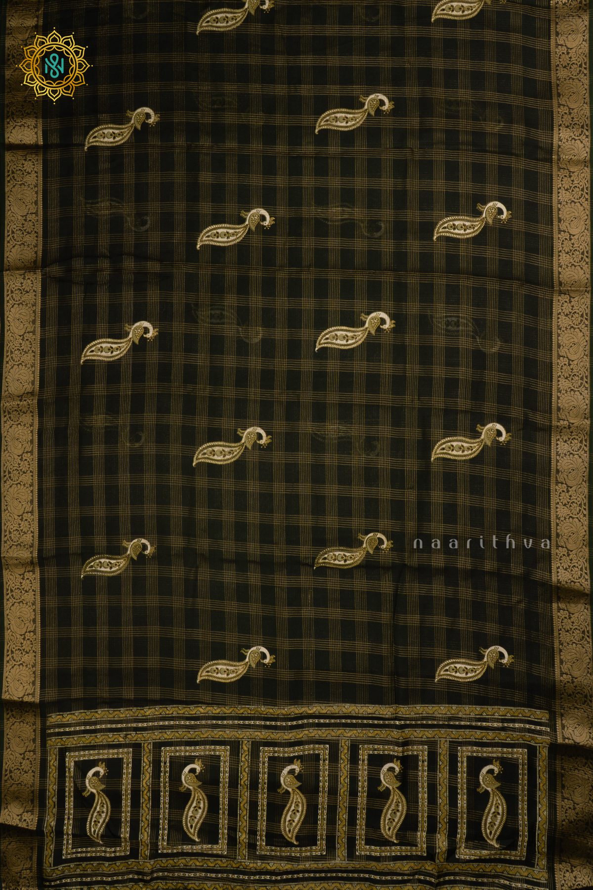 Bottle Green Semi Georgette Saree With Zari Checks Body, Printed Buttas And Zari Border