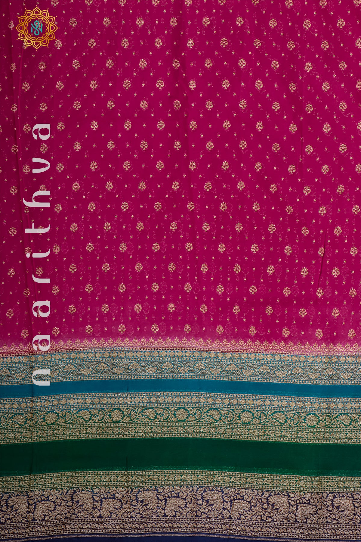 PINK WITH BLUE WITH GREEN, NAVY BLUE - PURE HANDLOOM KHADDI GEORGETTE BANARAS