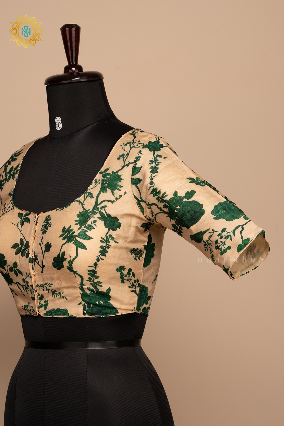Beige With Green - Dola Silk Readymade Blouse With Floral Prints