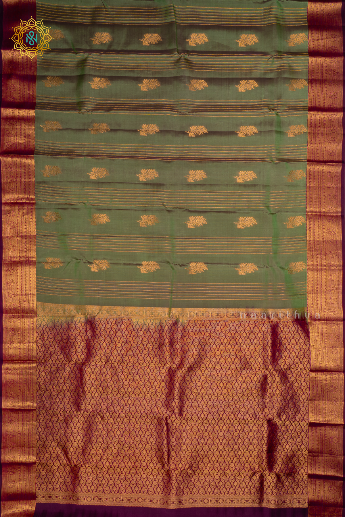 Sage Green with Wine Pure Mix Kanjivaram Silk Saree with Zari Woven Stripes, Buttas and Zari Woven Contrast Border