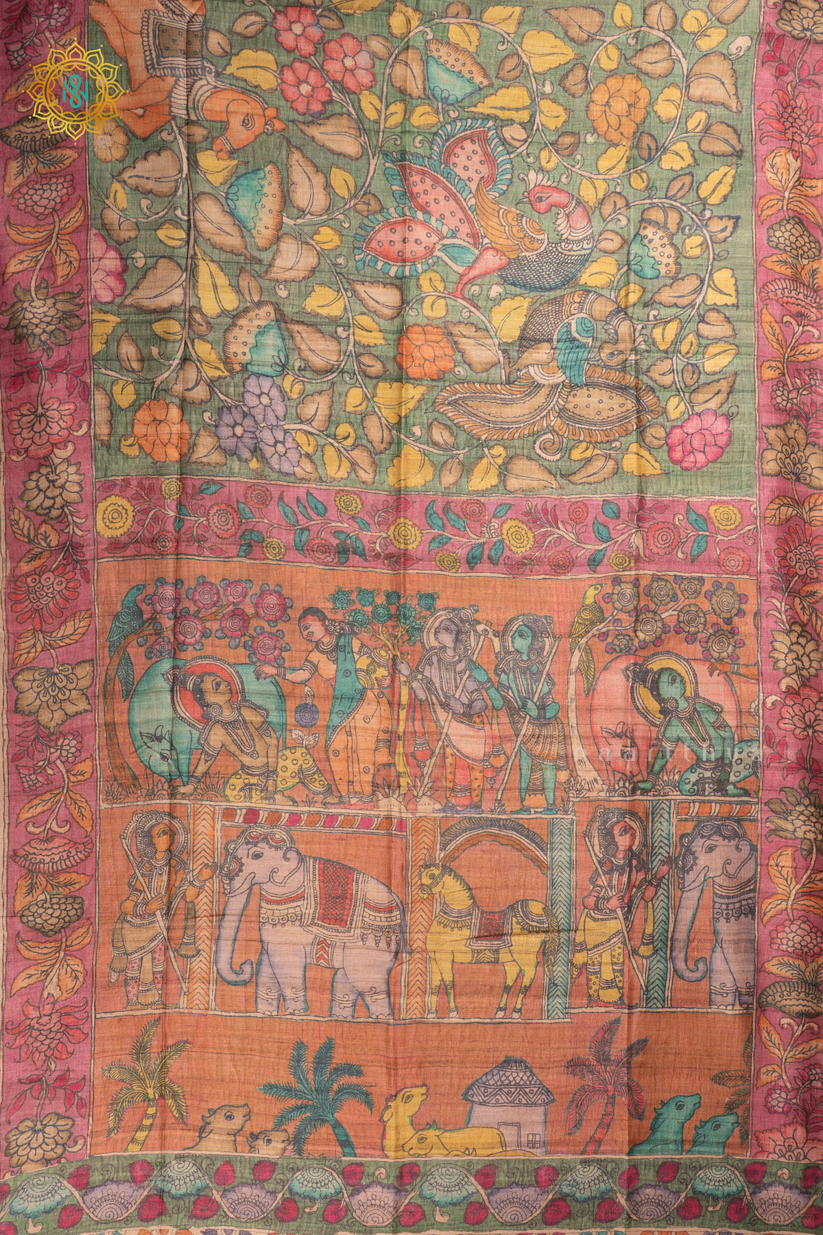 Light Green With Light Brown - Semi Gicha Tussar Saree Allover Kalamkari Printed Body With Pallu And Blouse