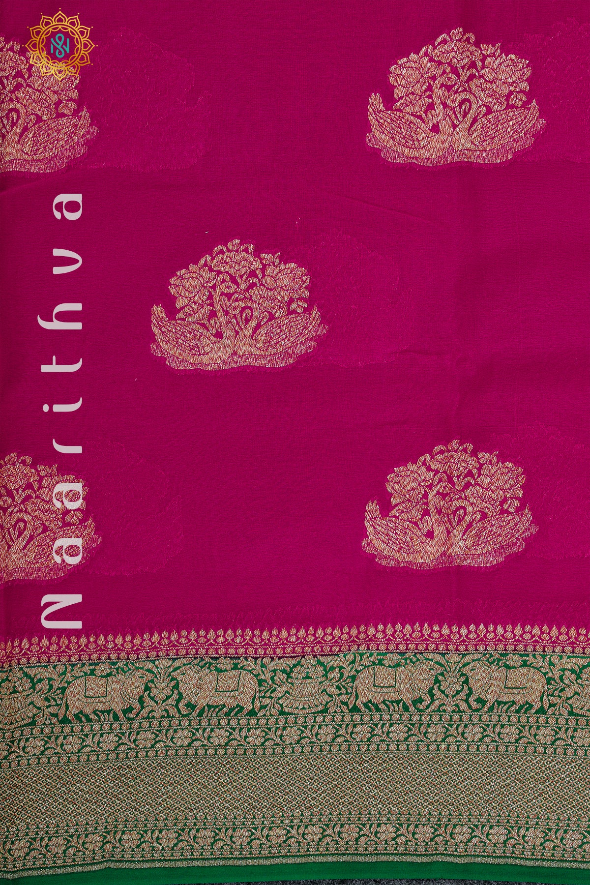 PINK WITH GREEN - PURE HANDLOOM KHADDI GEORGETTE BANARAS