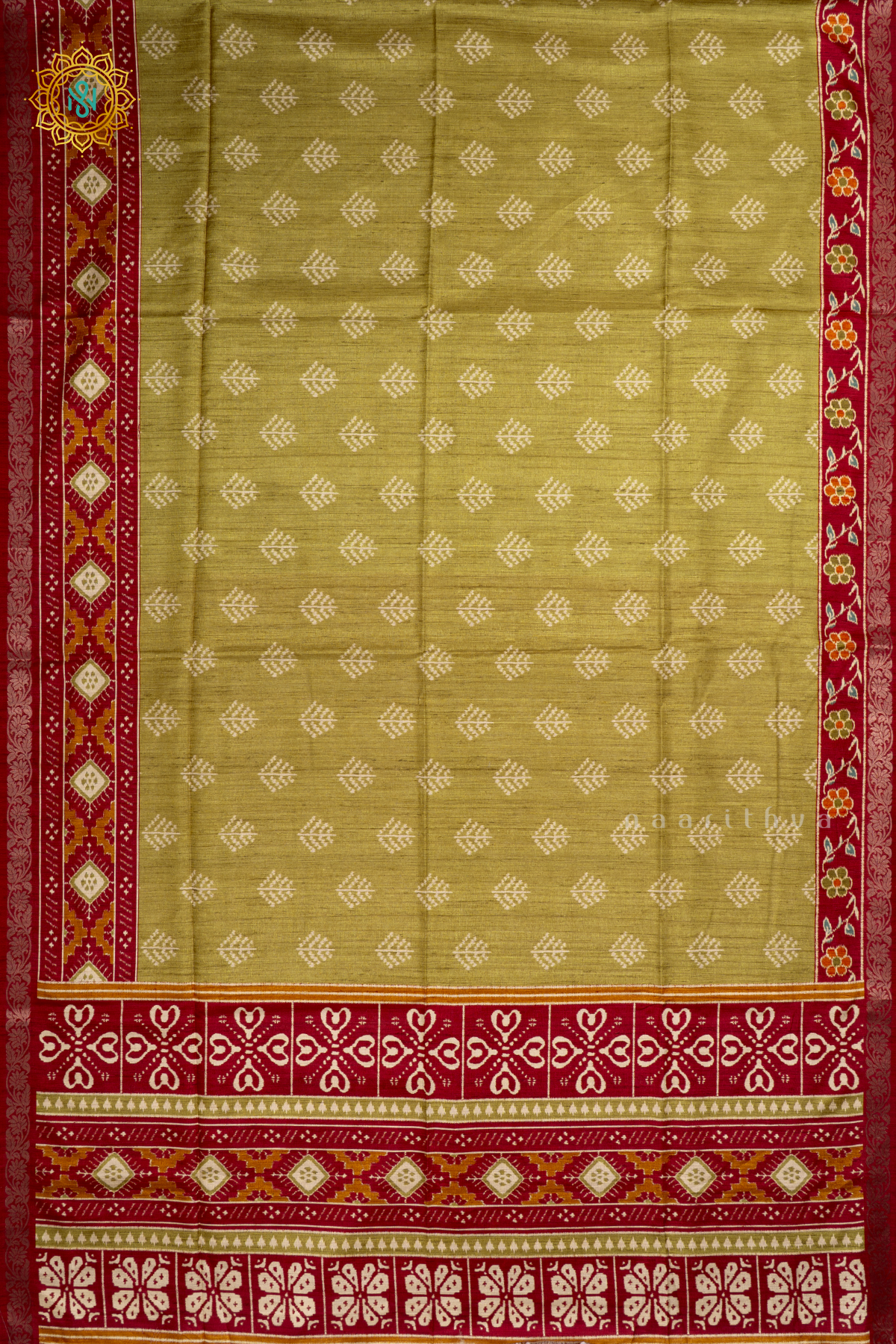 Parrot Green With Red  - Semi Kotha Crepe With Printed Body And Zari Border