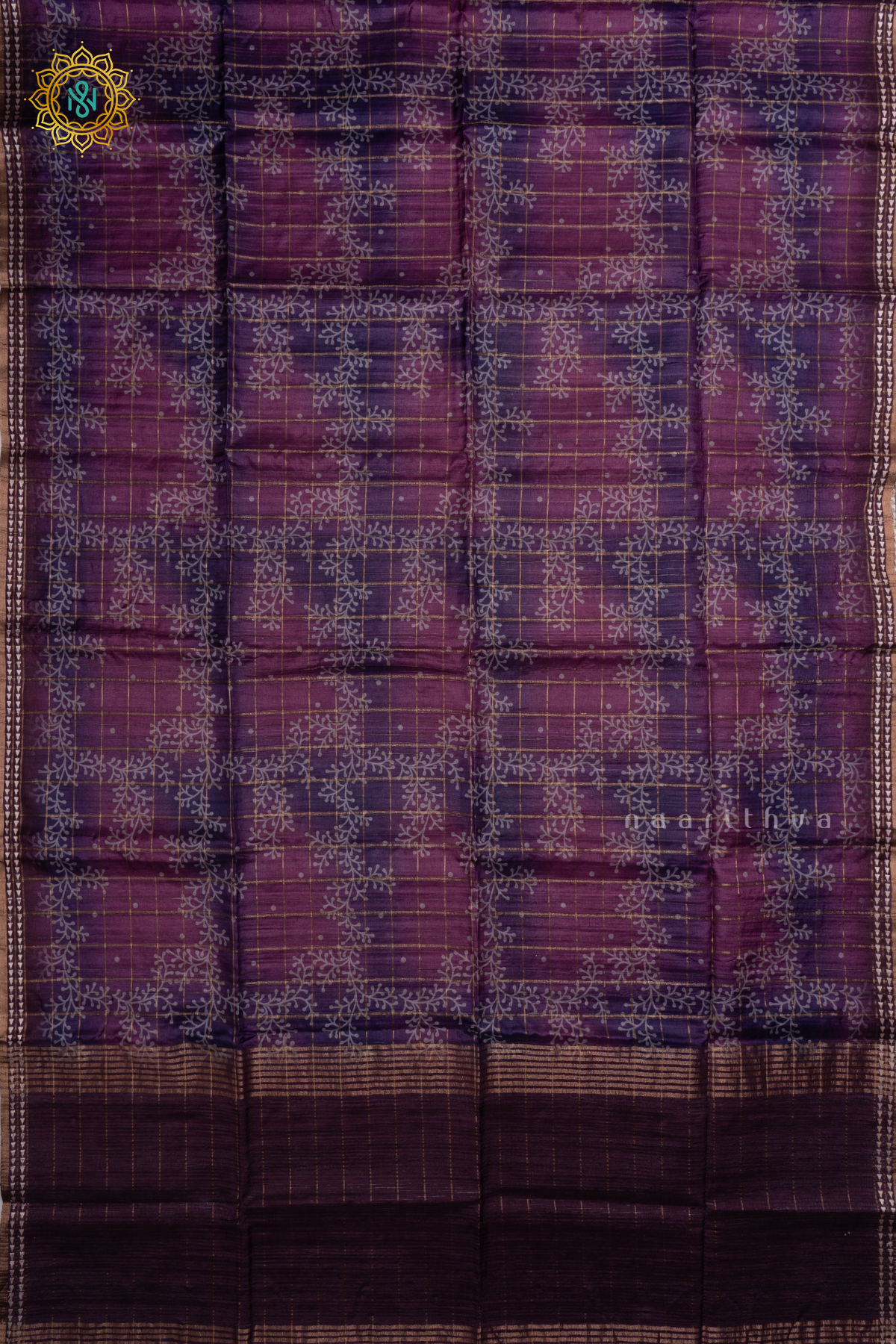 PURPLE - KOTHA TUSSAR SAREE WITH PRINTED AND ZARI CHECKS BODY,  THREAD WOVEN BORDER