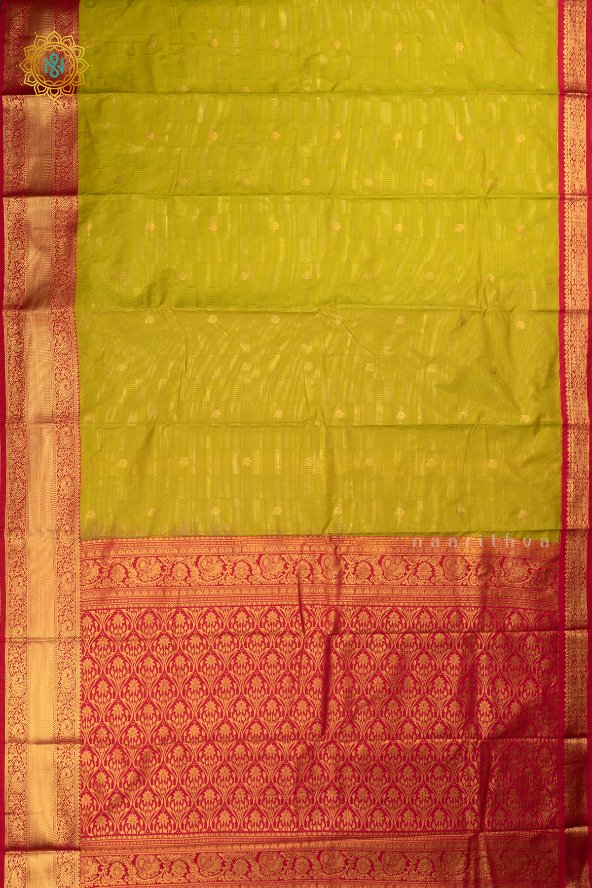 Parrot Green with Pink Semi Kanchi Saree With Zari Buttas All Over And Contrast Zari Border