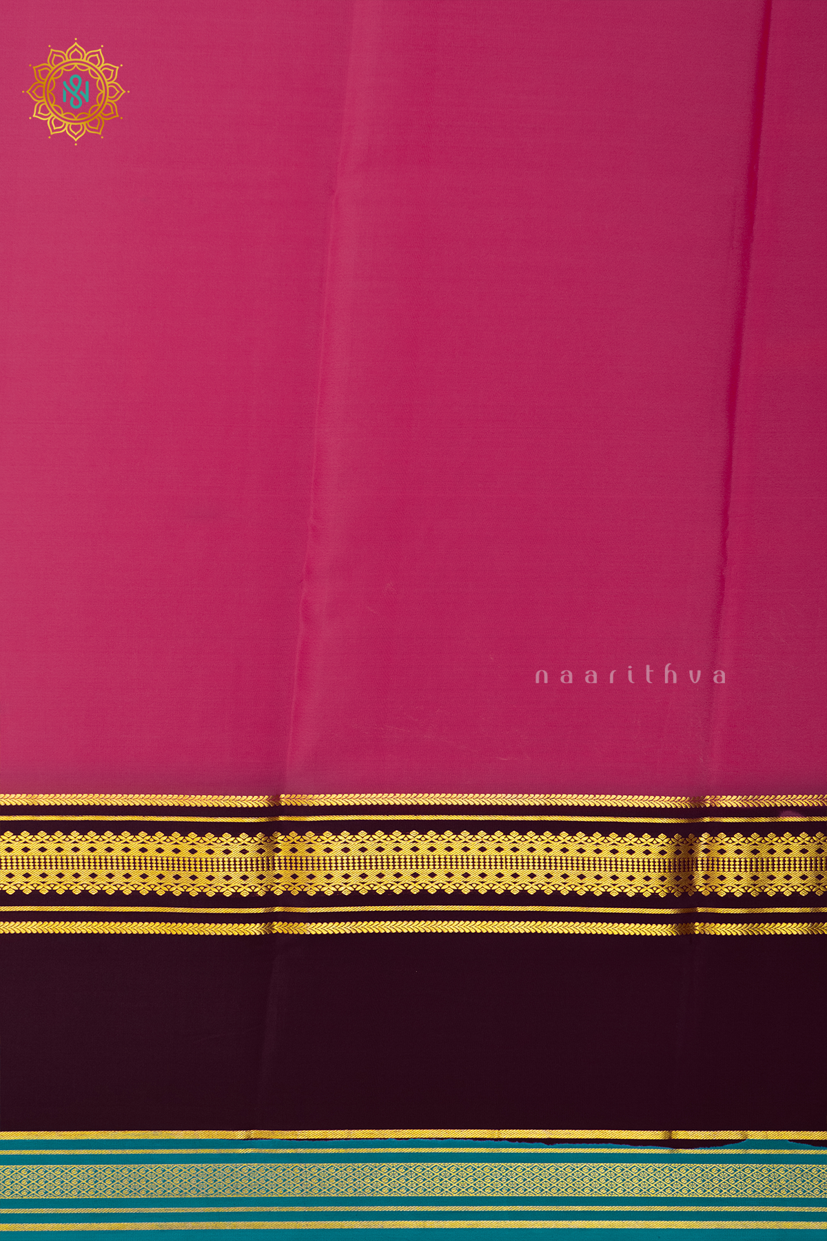 PEACHISH PINK WITH DEEP WINE & AQUA BLUE - PURE MYSORE CREPE SILK