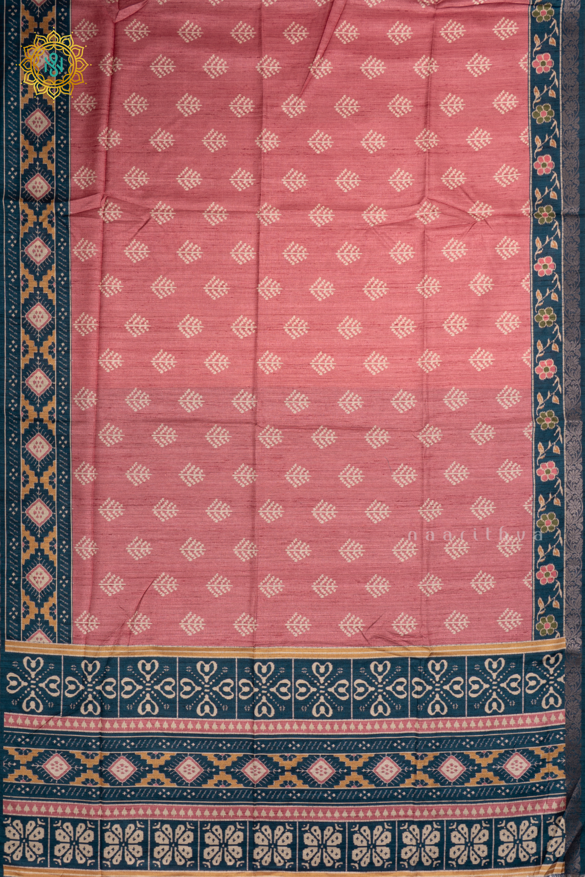 PINK WITH INK BLUE  - SEMI KOTHA CREPE WITH PRINTED BODY AND ZARI BORDER