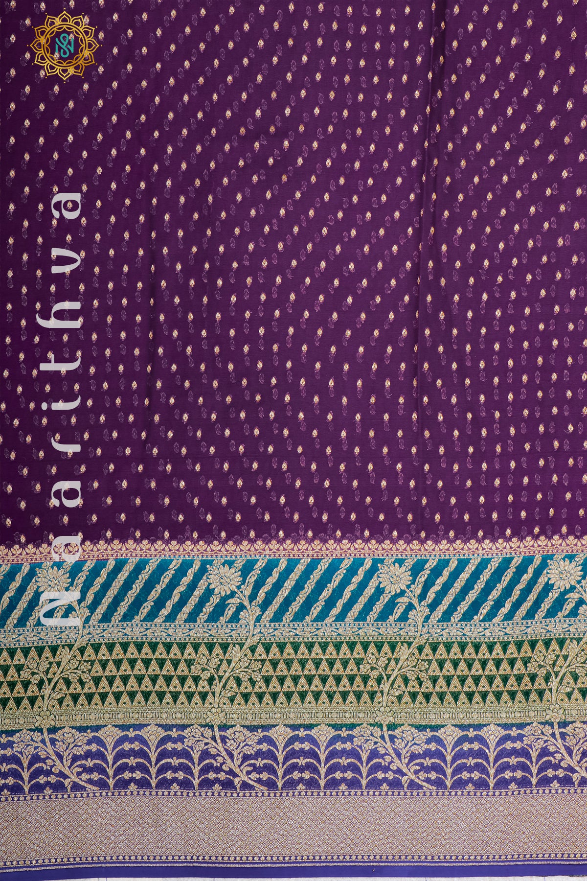 PURPLE WITH SKY BLUE, GREEN & BLUE - PURE HANDLOOM KHADDI GEORGETTE BANARAS