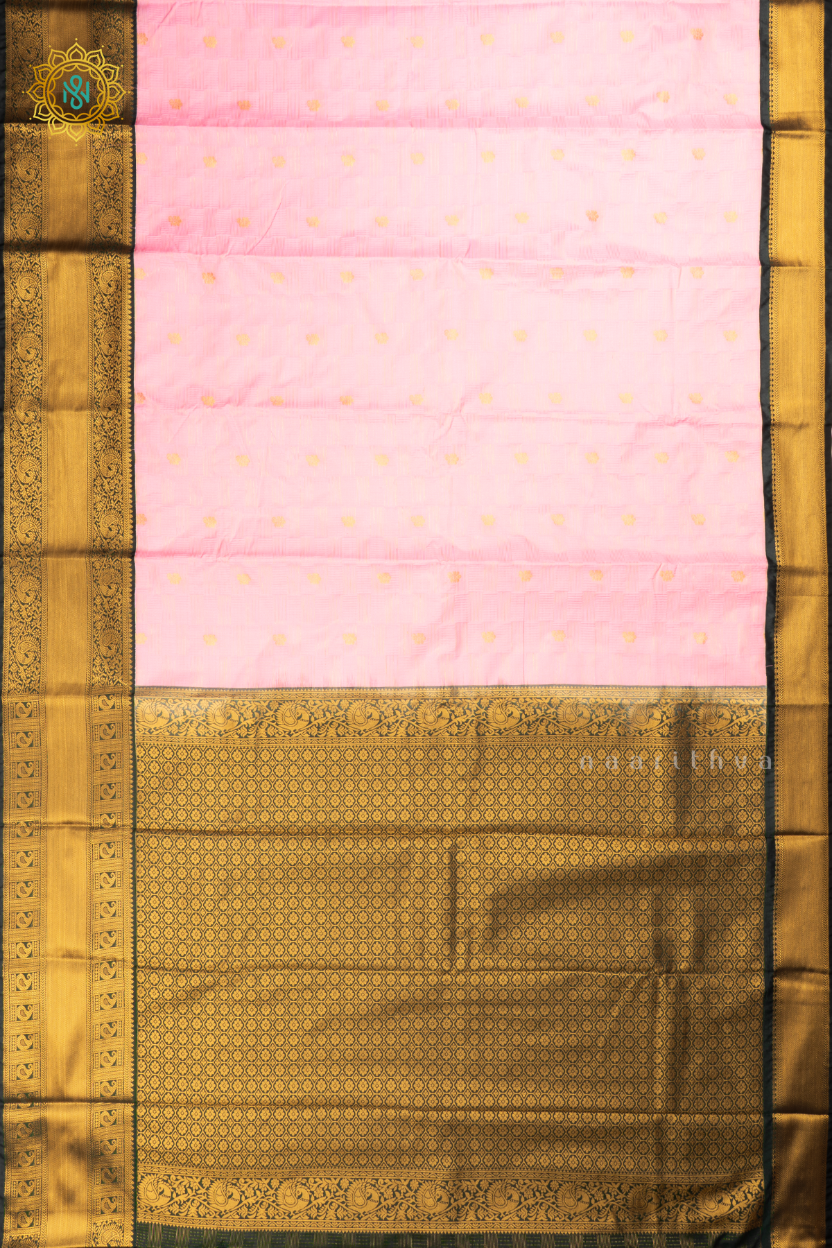 light Pink with Dark Peacock Green Semi Kanchi Saree With Zari Buttas All Over And Contrast Zari Border