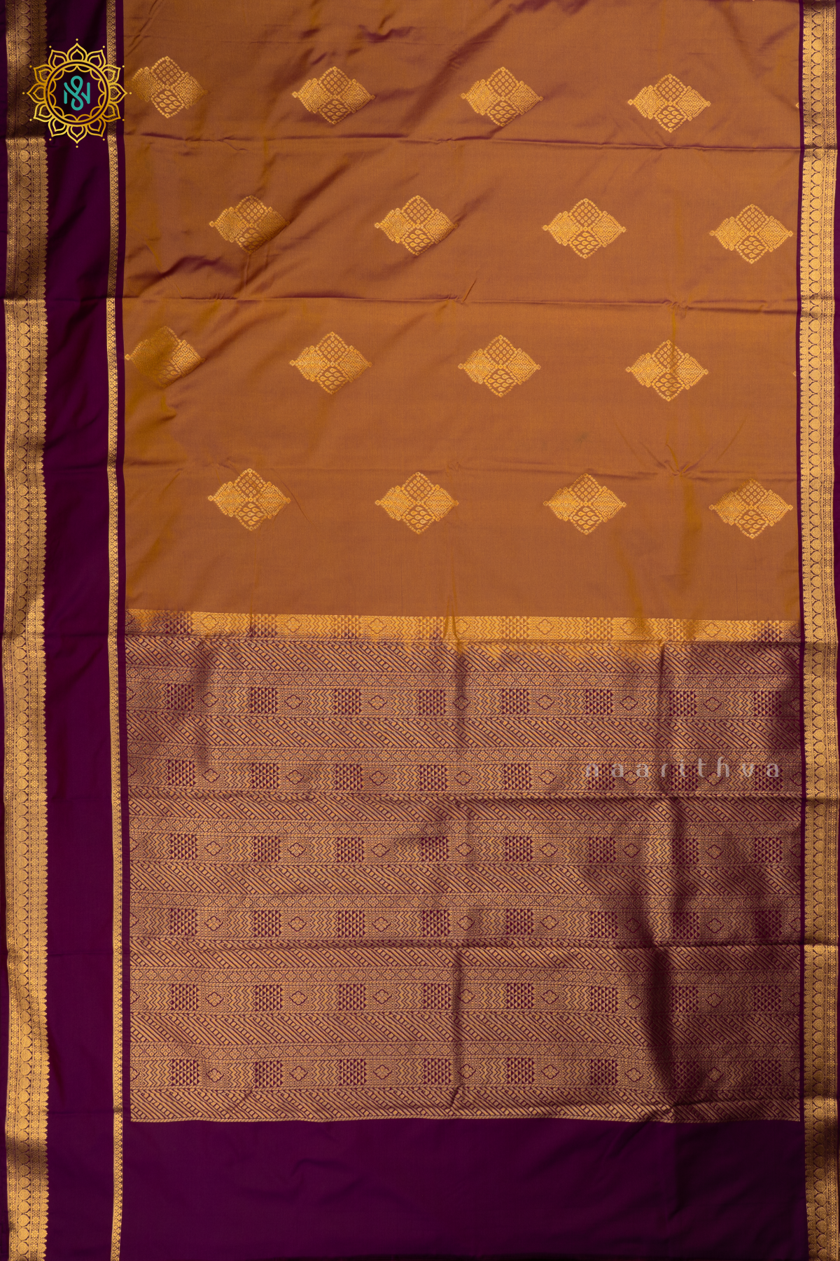 Dual shade of Light Brown with Wine Semi Kanchi Saree With Zari Buttas All Over And Contrast Zari Gap Border