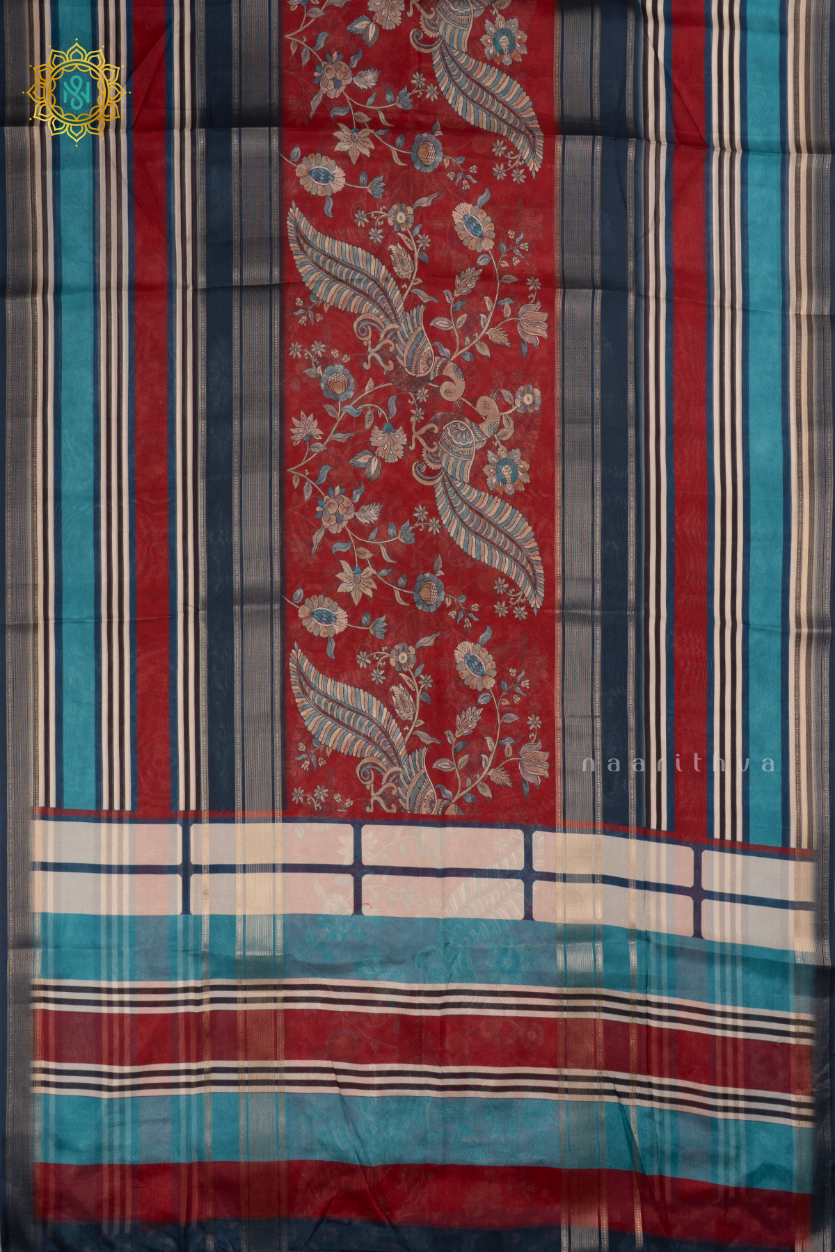 Red - Semi Crepe Silk Saree Allover Printed Body with Zari Stripes with Pallu and Blouse