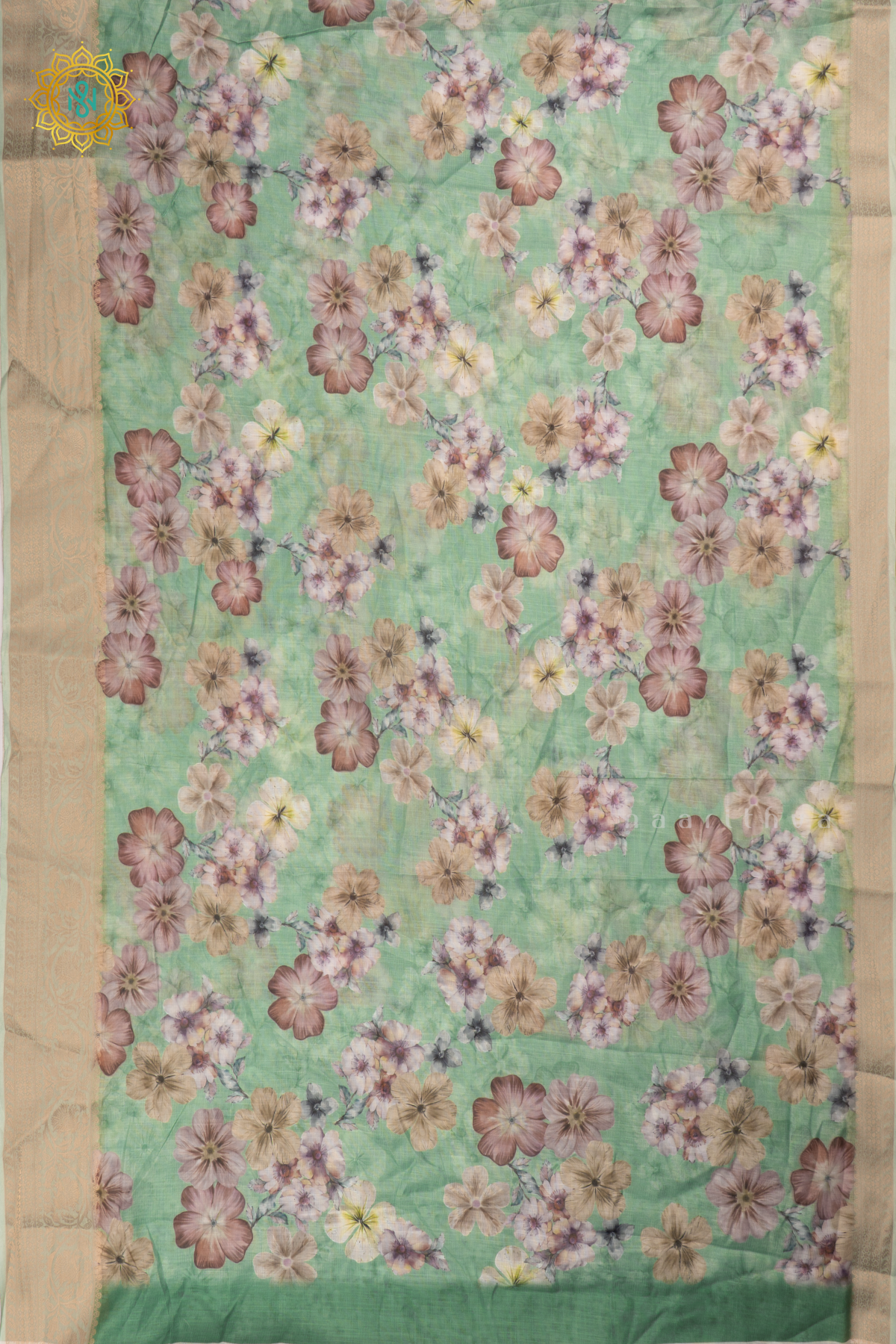 Light Green Linen by Cotton Saree with Floral Printed Body and Zari Border