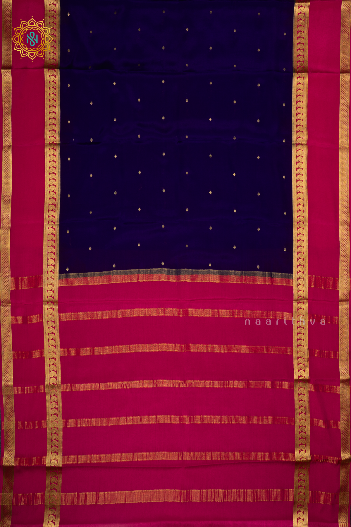 NAVY BLUE WITH RANI PINK - PURE MYSORE CREPE SILK