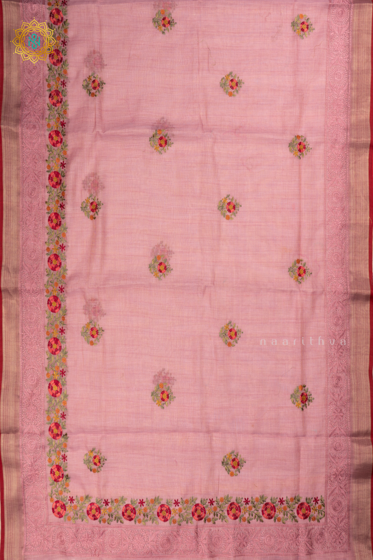 Light Pink - Linen Tissue Saree Allover Thread Work Buttas with Tissue Border