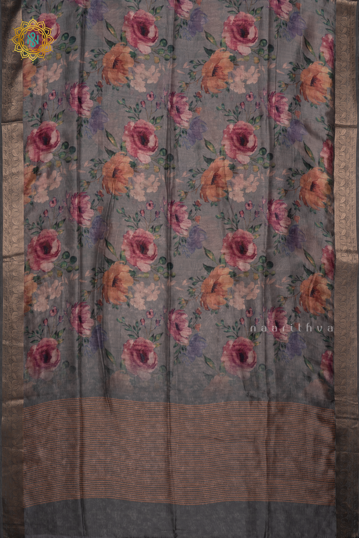Grey Organza Crepe Saree With Floral Prints On The Body And Zari Border