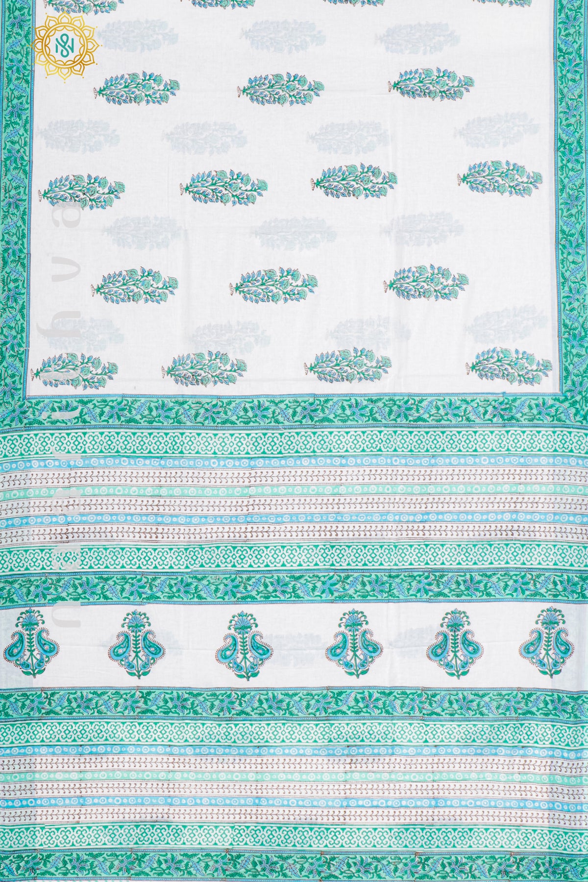 WHITE WITH AQUA GREEN - MUL COTTON