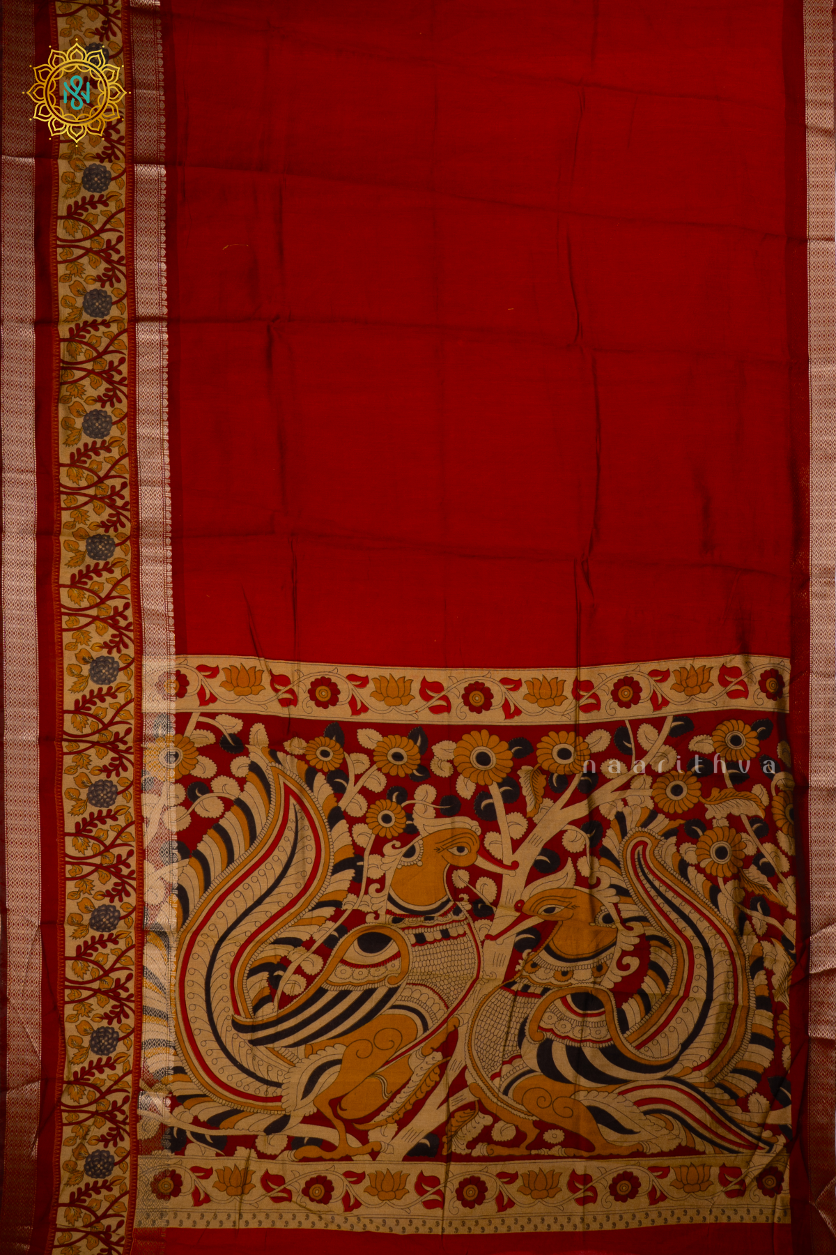 RED - SOFT COTTON SAREE PLAIN BODY WITH KALAMKARI PRINTED ZARI BORDER