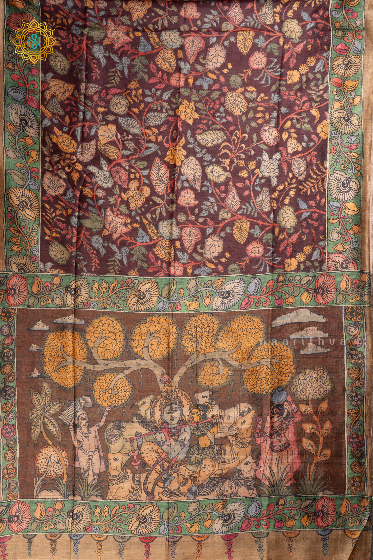 Brown - Semi Gicha Tussar Saree Allover Kalamkari Printed Body With Pallu And Blouse