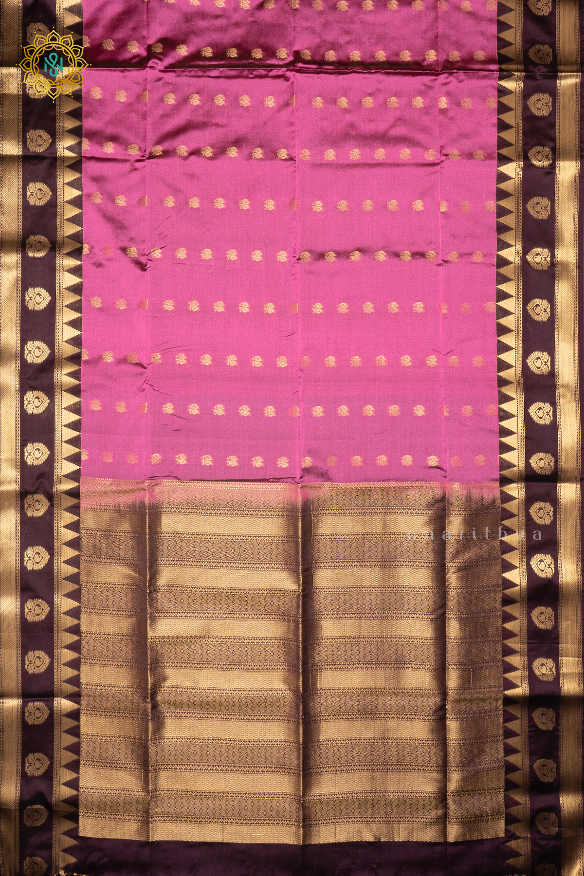 PINKISH LAVENDER WITH DEEP WINE - SEMI SOFT SILK SAREE ALLOVER ZARI BUTTAS AND CONTRAST TEMPLE RISING GAP BORDER