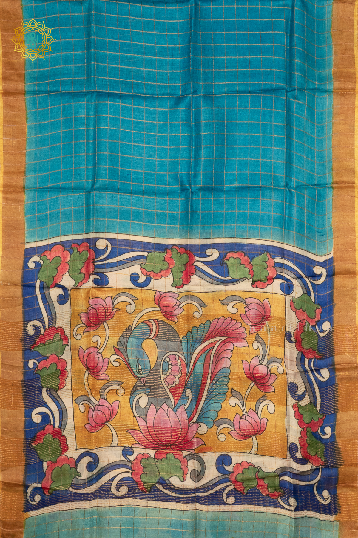 BLUE WITH MUSTARD - PURE TUSSAR SILK