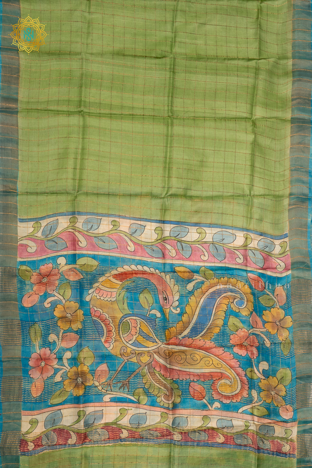 PISTA GREEN WITH SKY BLUE - PURE TUSSAR SILK
