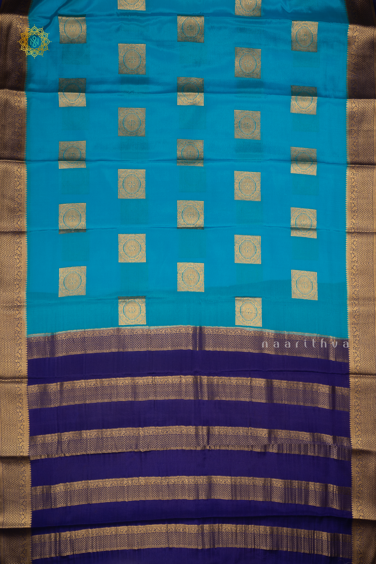SKY BLUE WITH NAVY BLUE - PURE MYSORE CREPE SILK