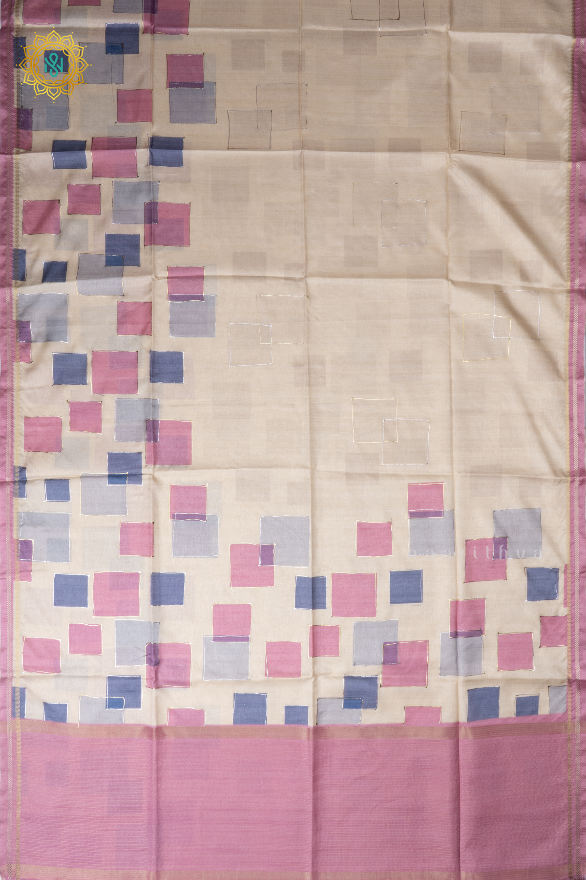 Off White With Light Pink Semi Tussar Silk Saree With Allover Geometrical Prints On The Body With Contrast Pallu