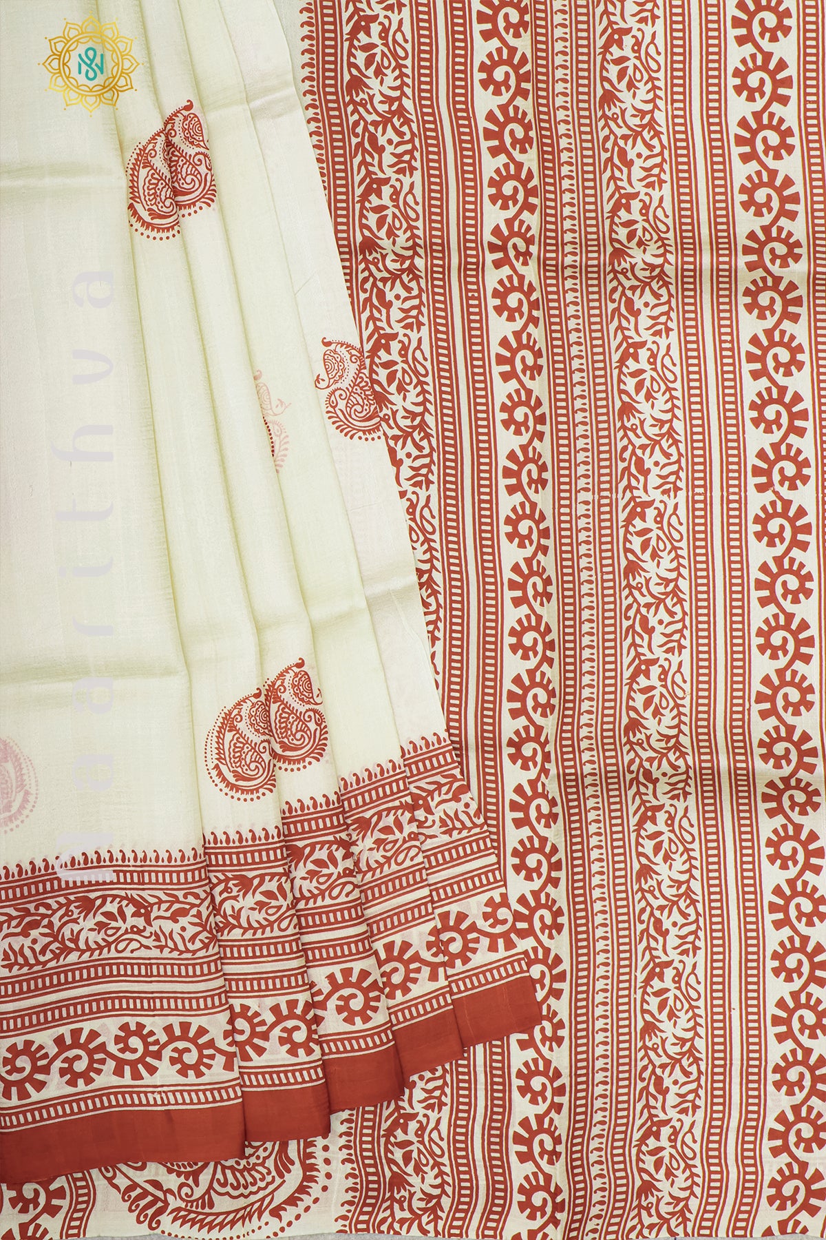 WHITE WITH RED - PURE MULBERRY SILK WITH BLOCK PRINT