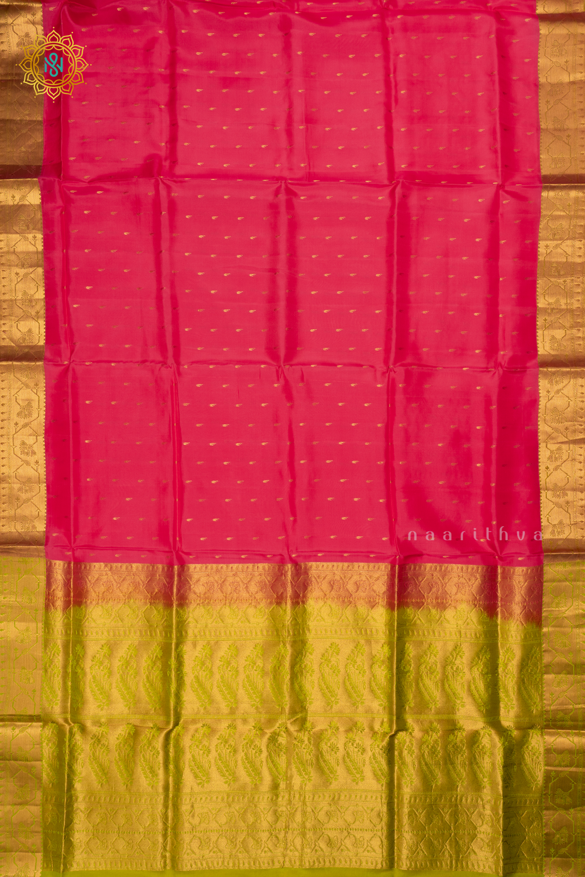 Pink with parrot Green Pure Mix Kanjivaram Soft Silk Saree with All-Over Zari Buttas and a Contrast Zari Border