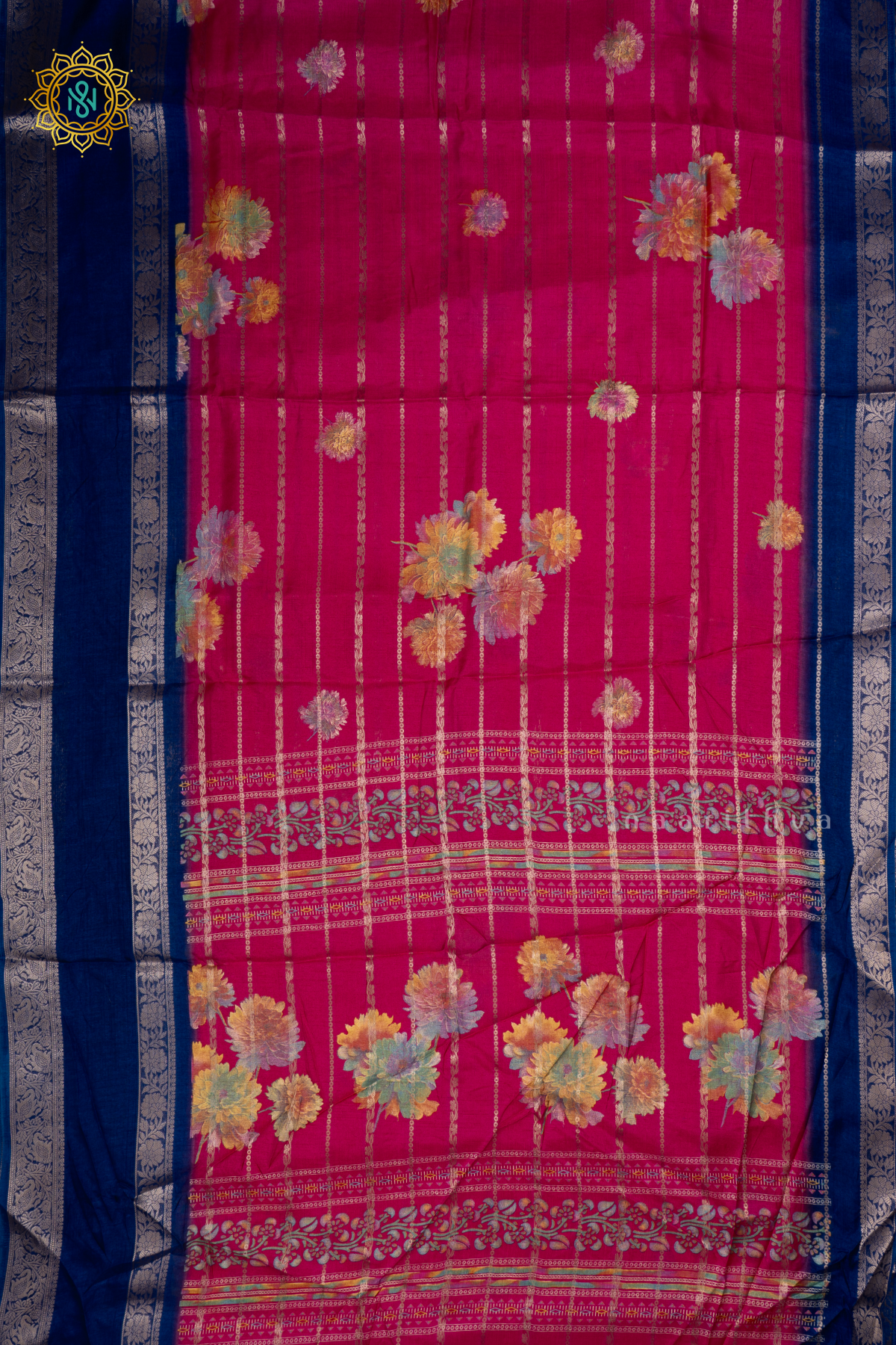 Pink With Navy Blue Dola Silk Saree Allover Printed Buttas And Zari Stripes With Contrast Zari Gap Border
