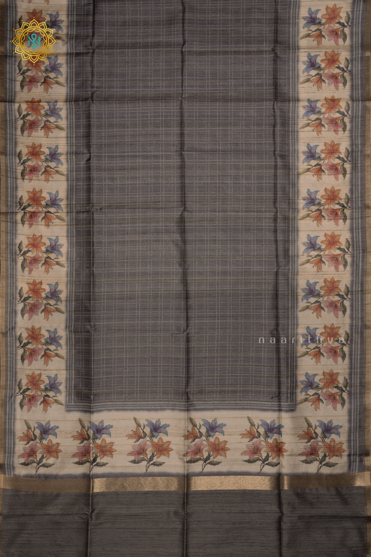 Grey Semi Tussar Silk Saree With Printed Checks On The Body And Printed Border