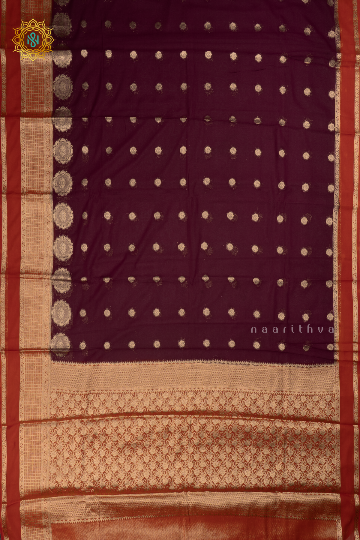 Wine with Rust Orange Semi Chiffon Georgette Saree with Allover Zari Buttas and Zari Checks Border