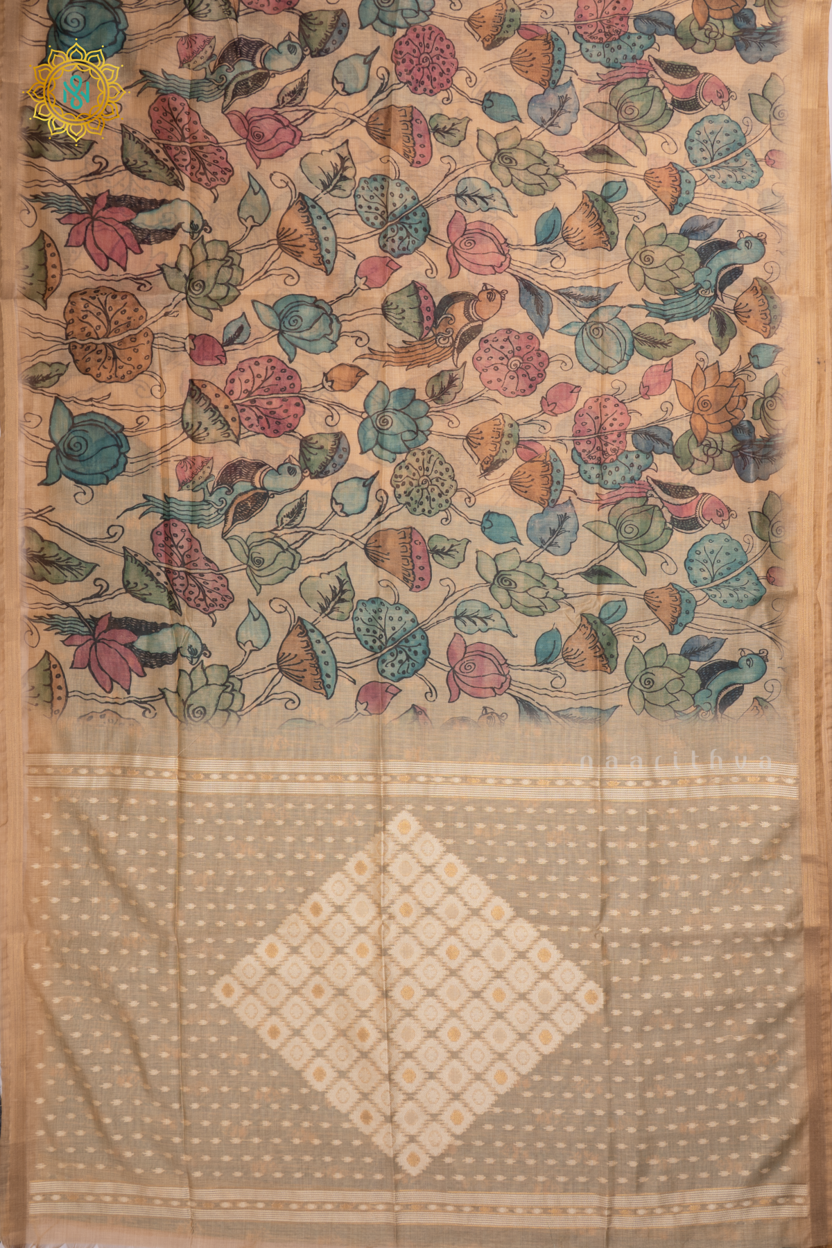 Beige With Blue Linen By Cotton Saree With Kalamkari Prints On The Body