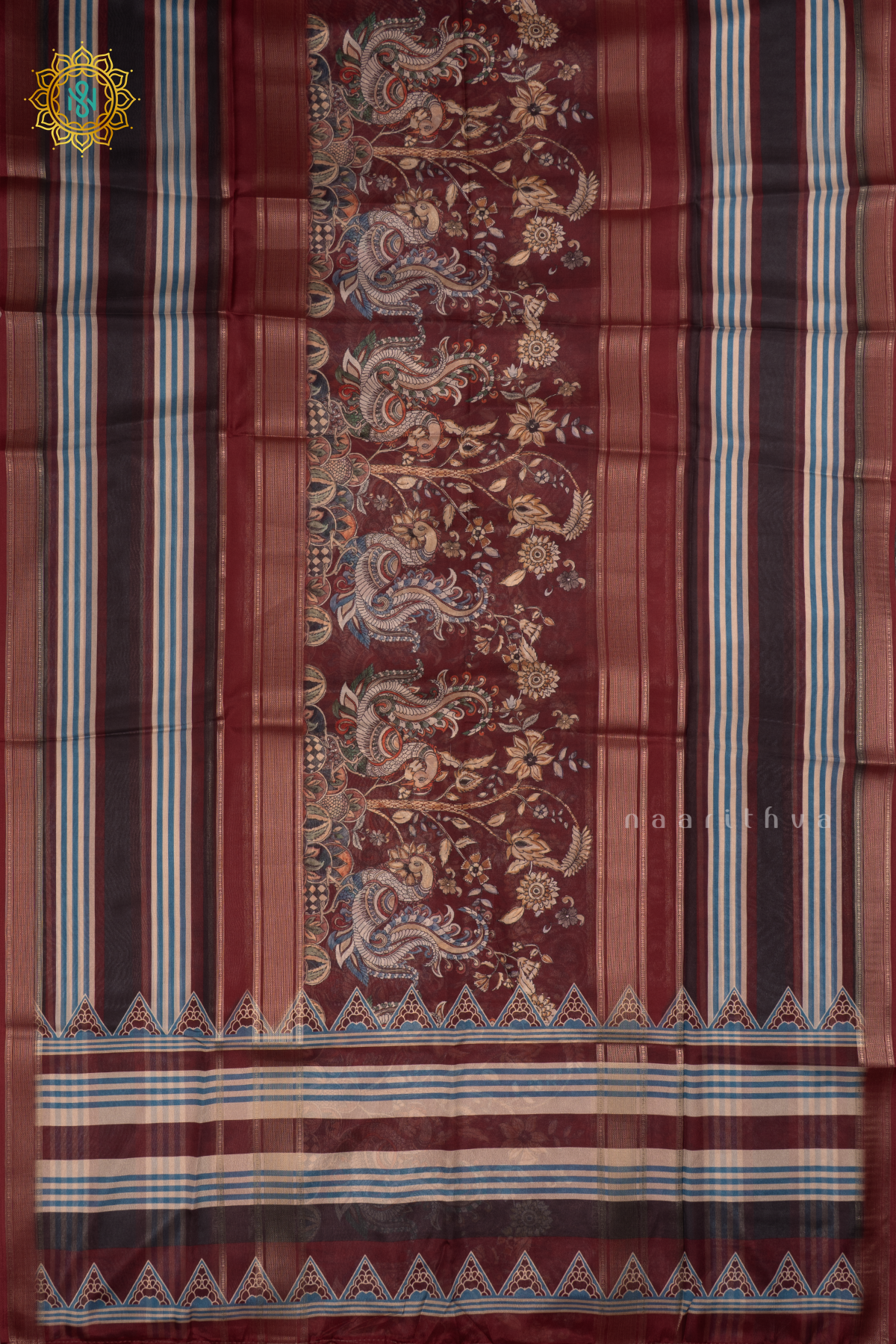 Brown - Semi Crepe Silk Saree Allover Printed Body with Zari Stripes with Pallu and Blouse