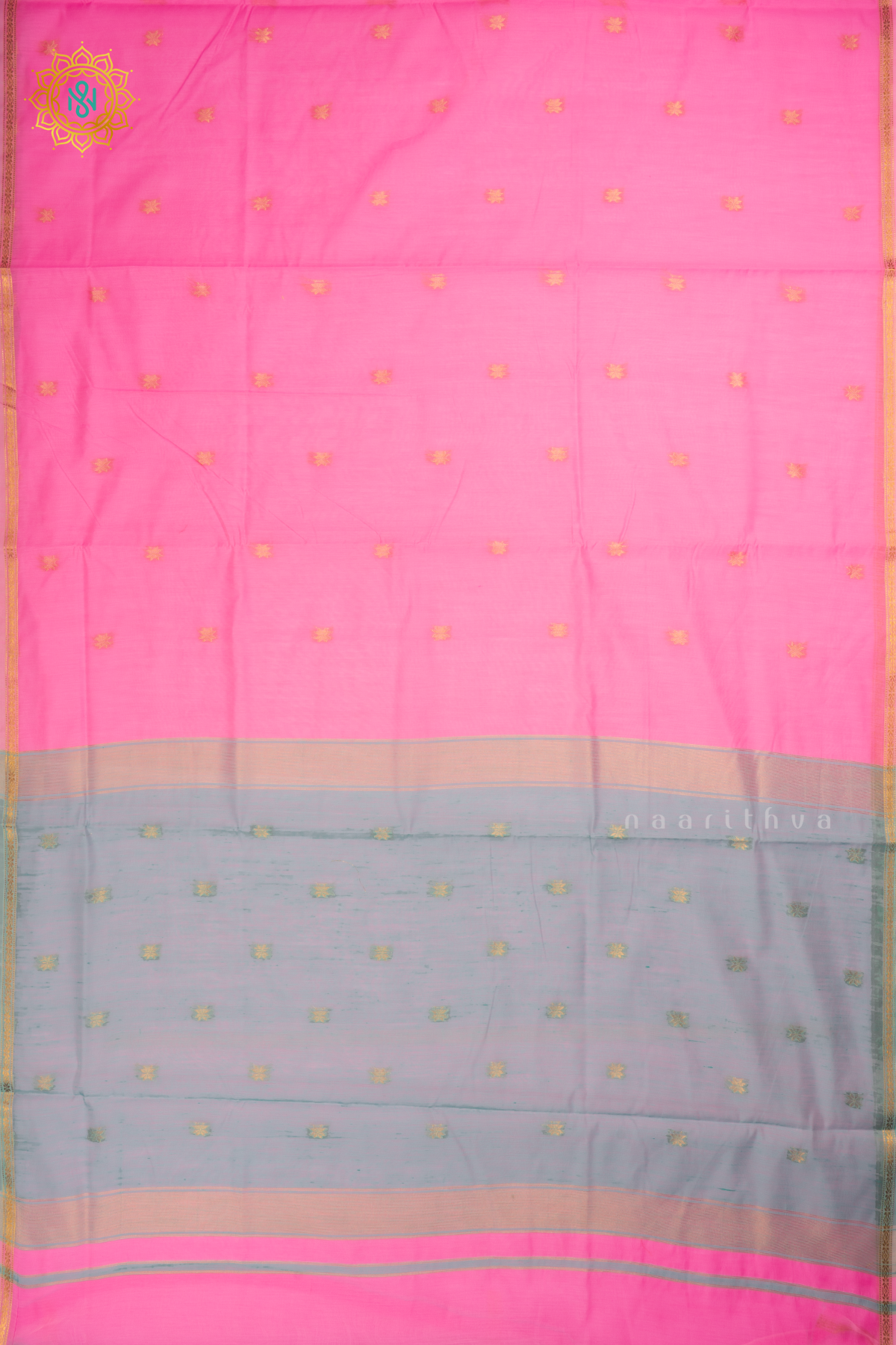 Pink With Aqua Green Silk Cotton Saree With Zari Woven Buttas And Contrast Zari Border