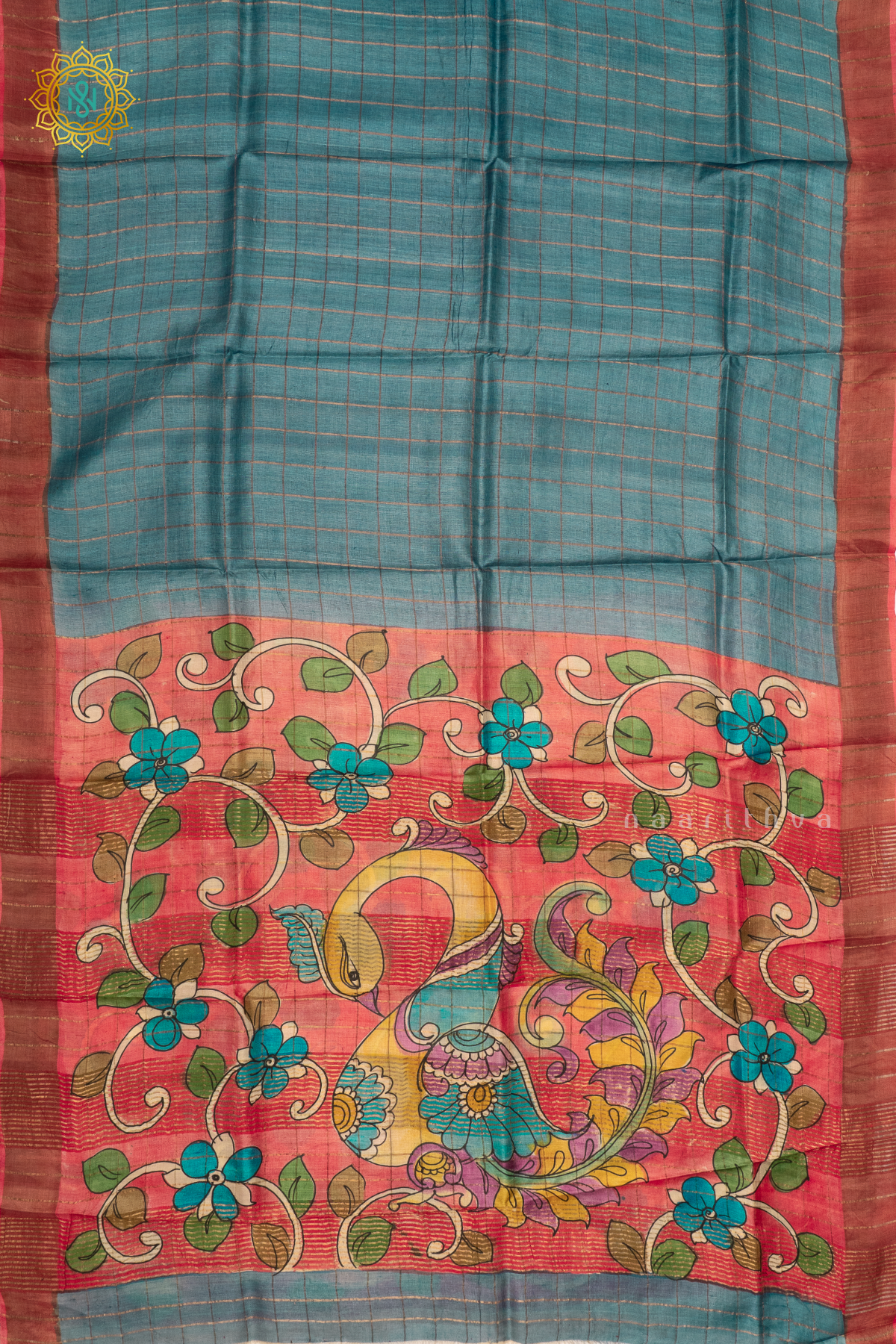 BLUE WITH DARK PEACH - PURE TUSSAR SILK