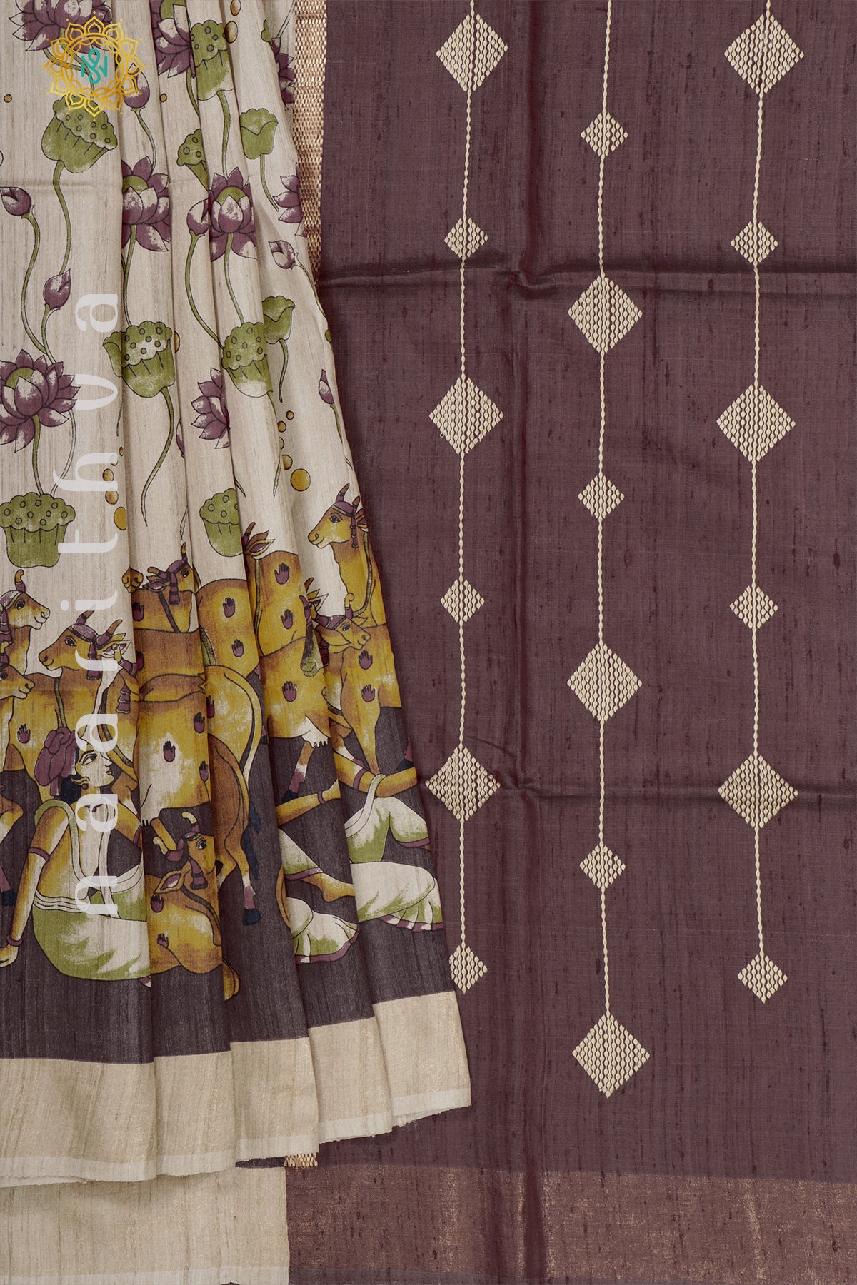 BIEGE WITH BROWN - PURE TUSSAR SILK WITH PICHWAI PRINTS