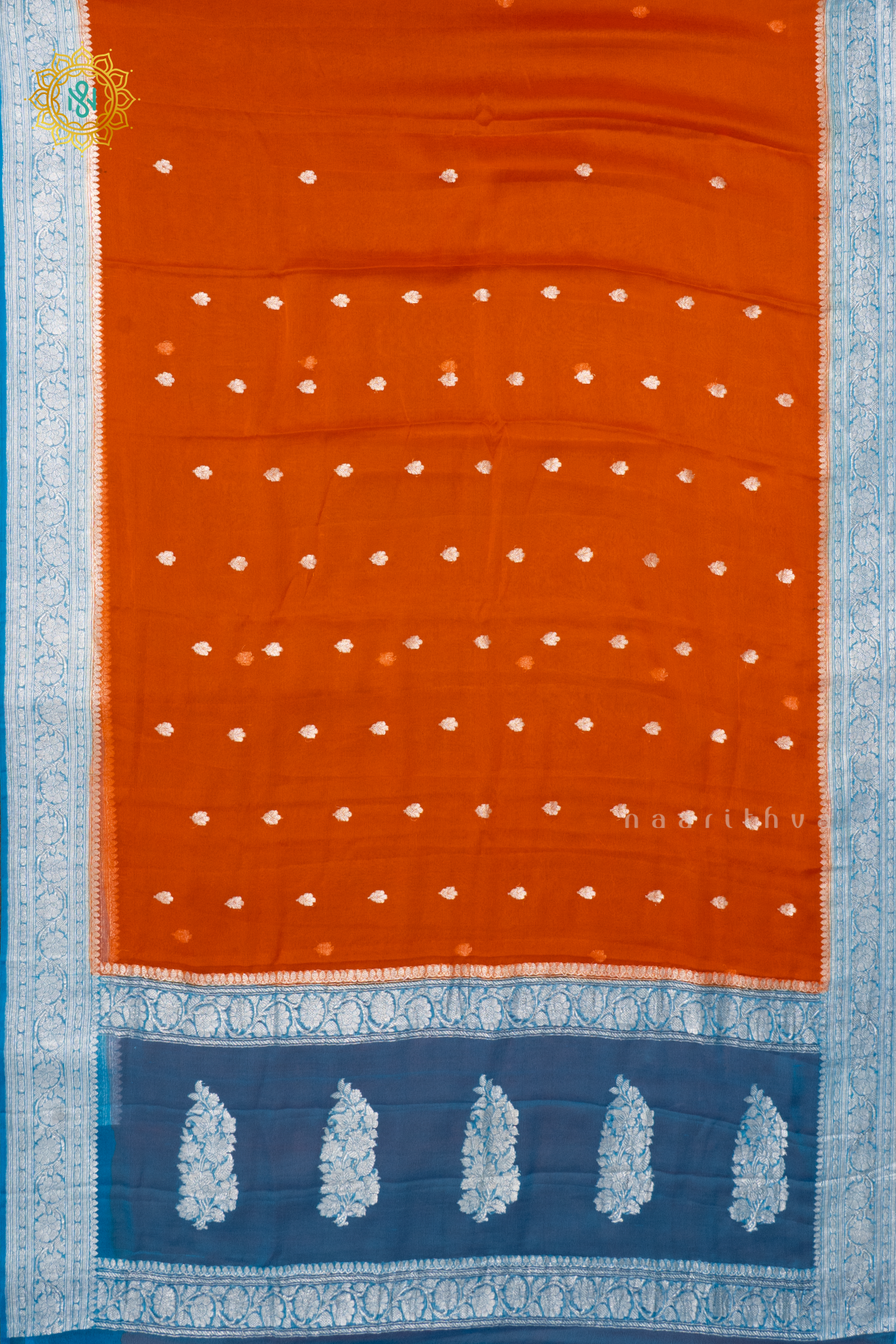 ORANGE WITH SKY BLUE - PURE BANARASI CHIFFON
