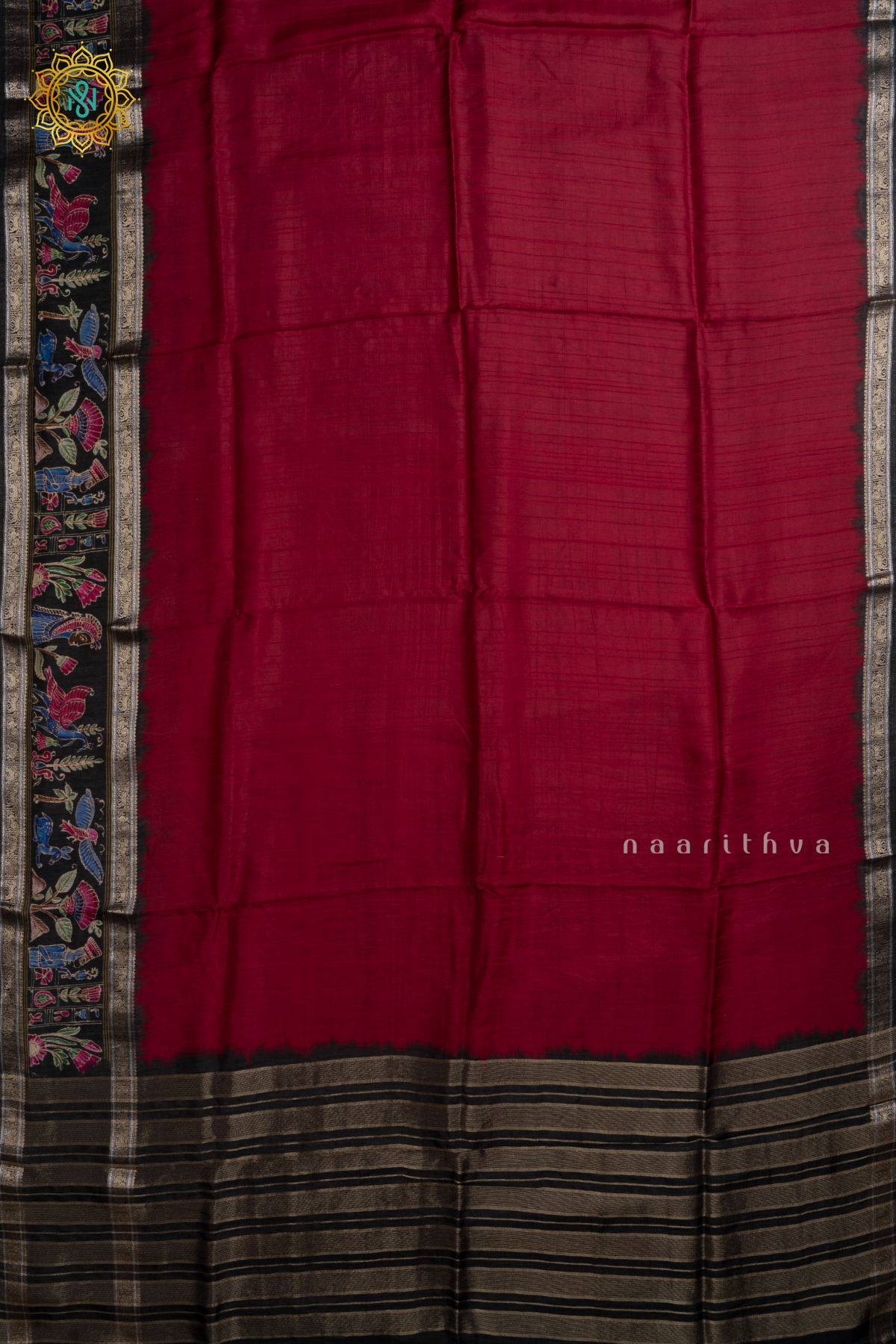Maroon With Black Printed Semi Crepe Silk With Contrast Border, Pallu