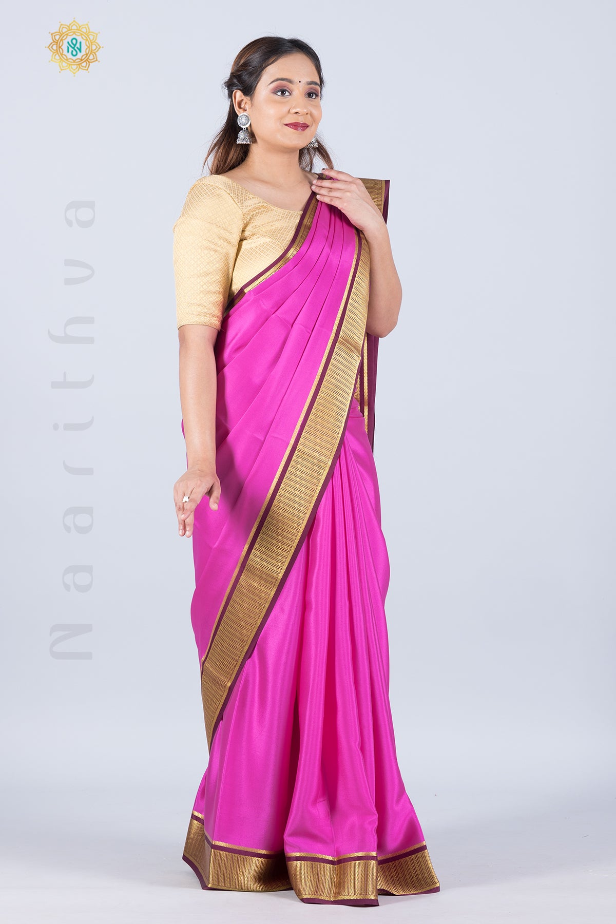 PINK & WINE - PURE MYSORE CREPE SILK WITH PLAIN BODY AND CONTRAST BORDER