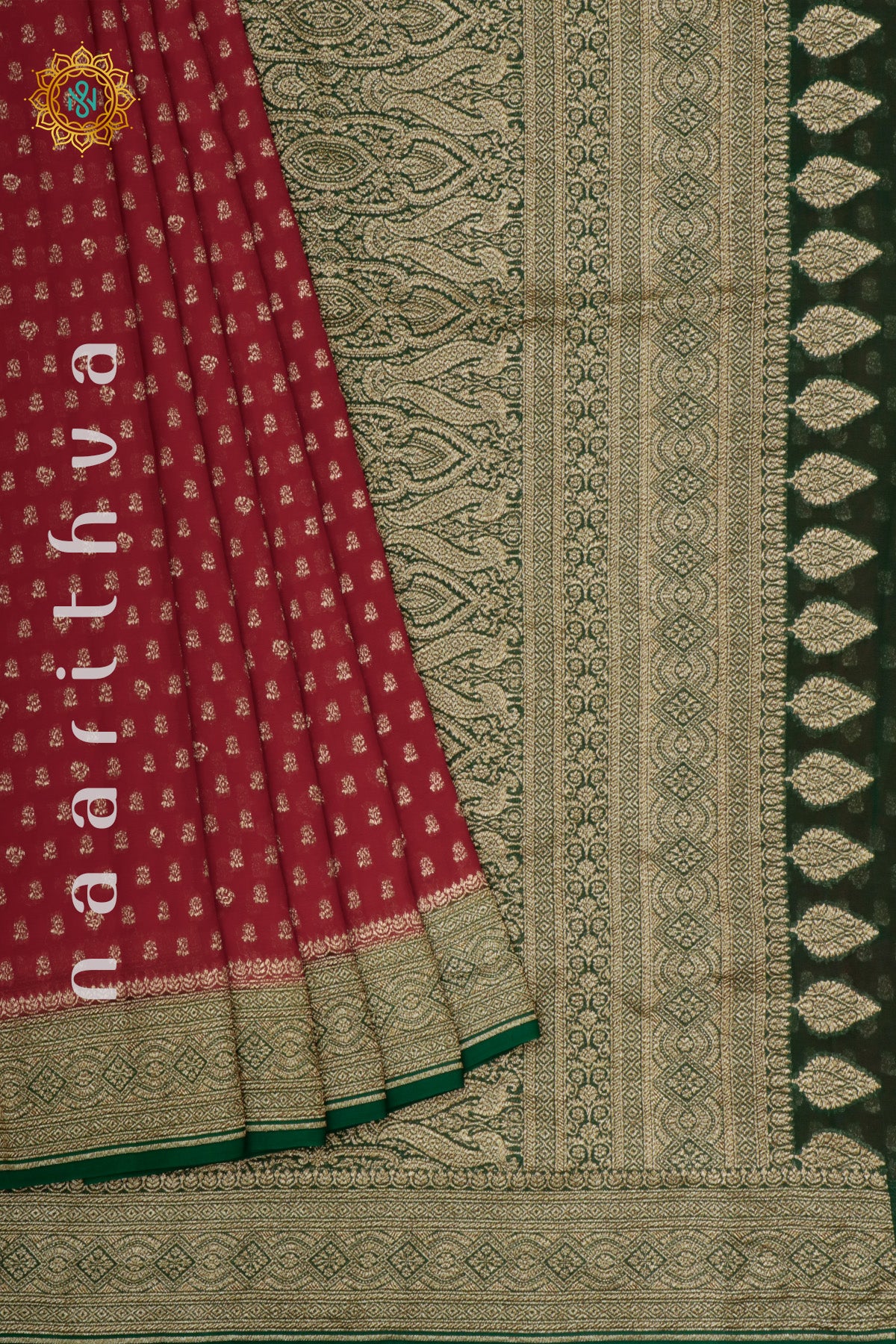 RED WITH GREEN - PURE HANDLOOM KHADDI GEORGETTE BANARAS