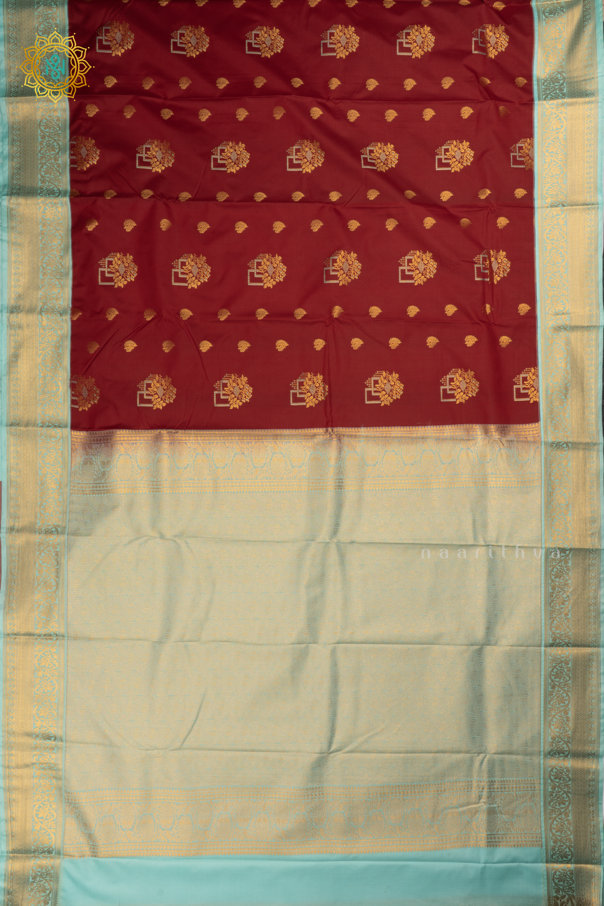 Maroon with Aqua Blue Semi Kanchi Saree With Zari Buttas All Over And Contrast Zari Border