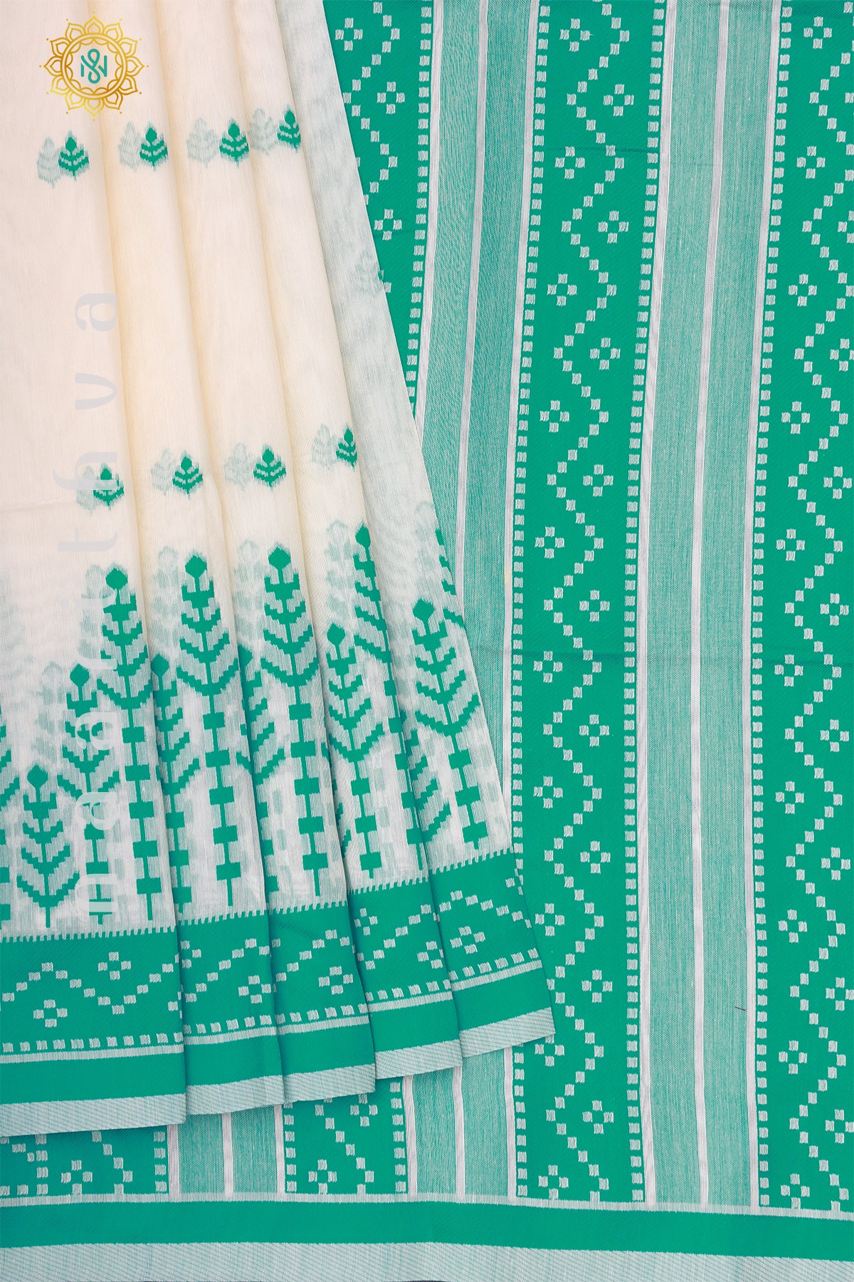 WHITE WITH GREEN - POLY COTTON