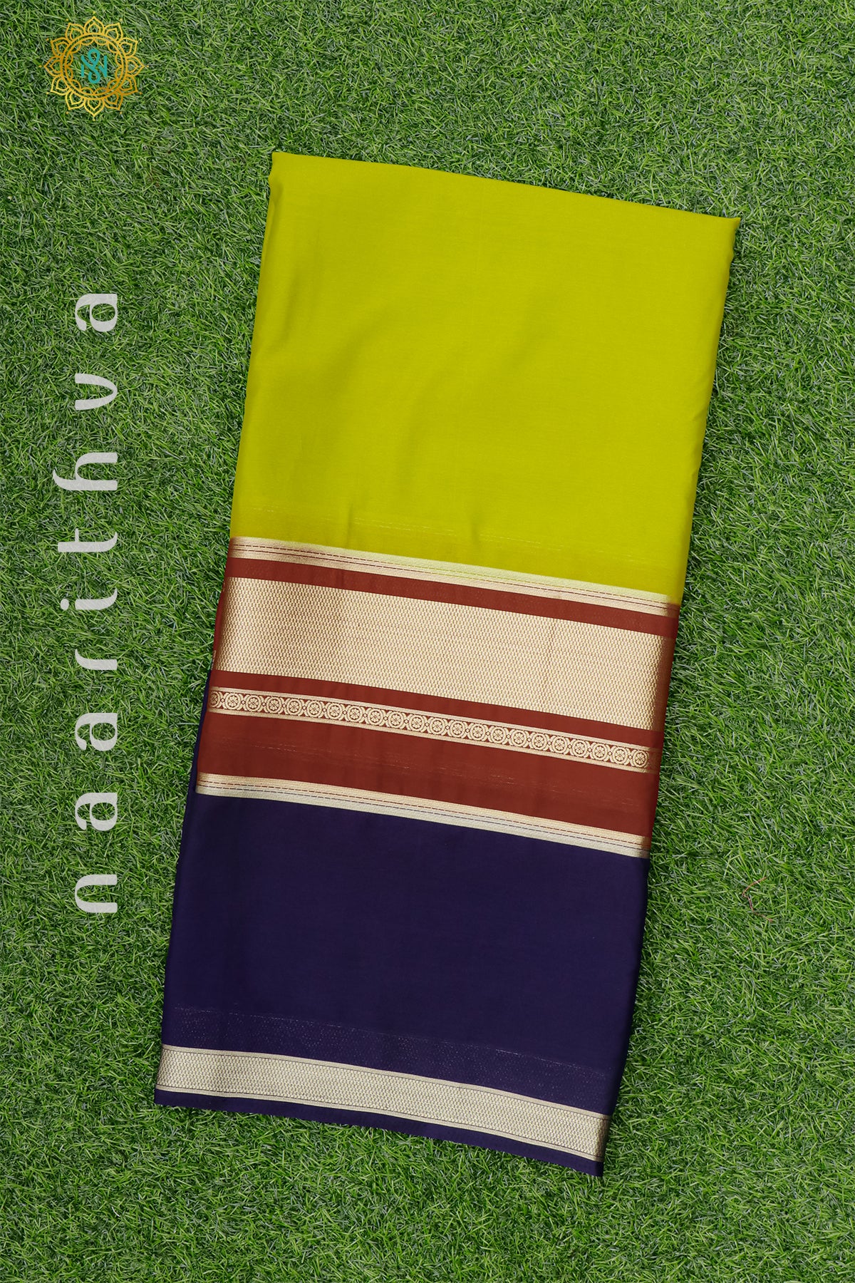 PARROT GREEN WITH MAROON & NAVY BLUE - SEMI MYSORE CREPE SILK