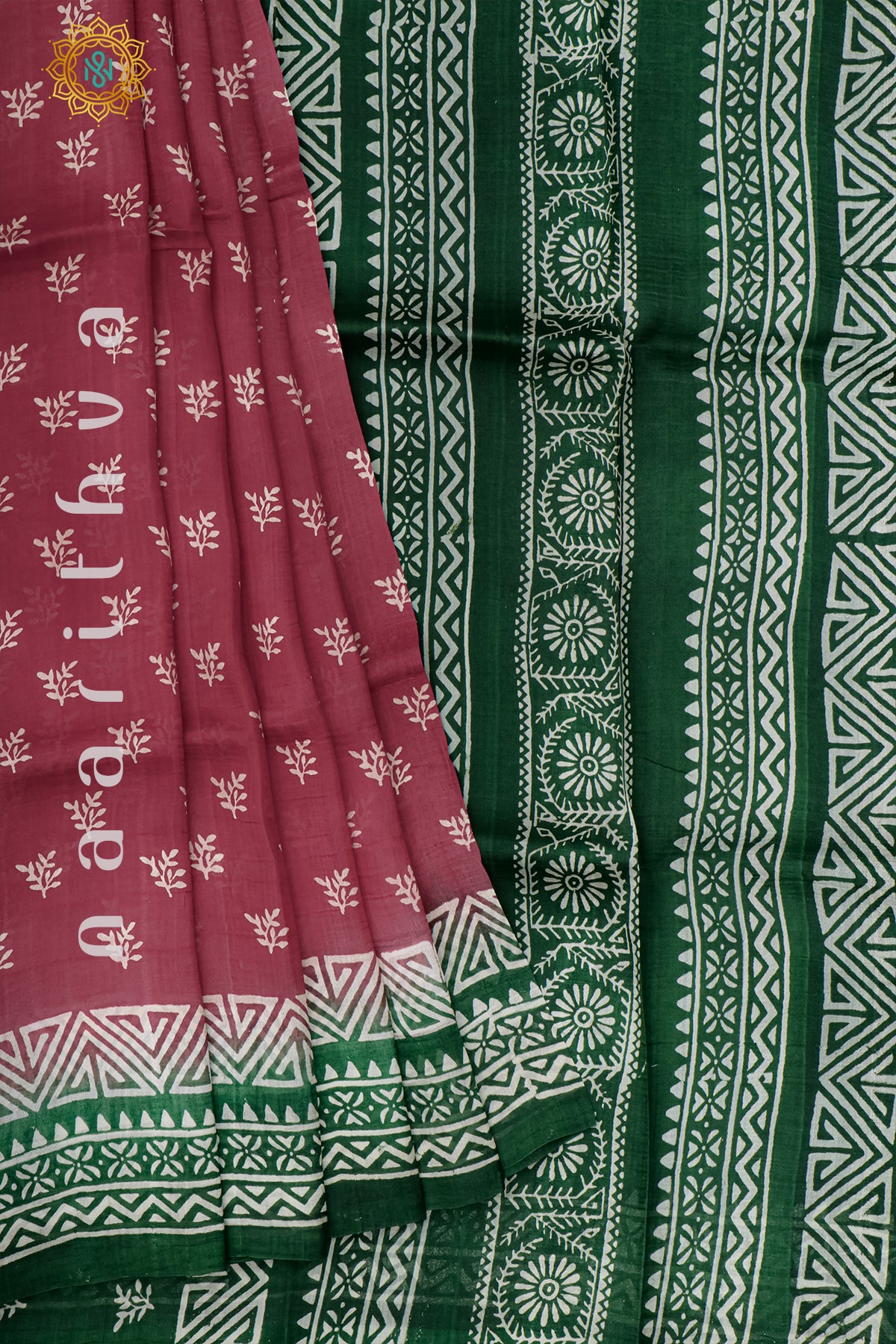 PINK WITH GREEN - PURE MULBERRY SILK WITH BLOCK PRINT