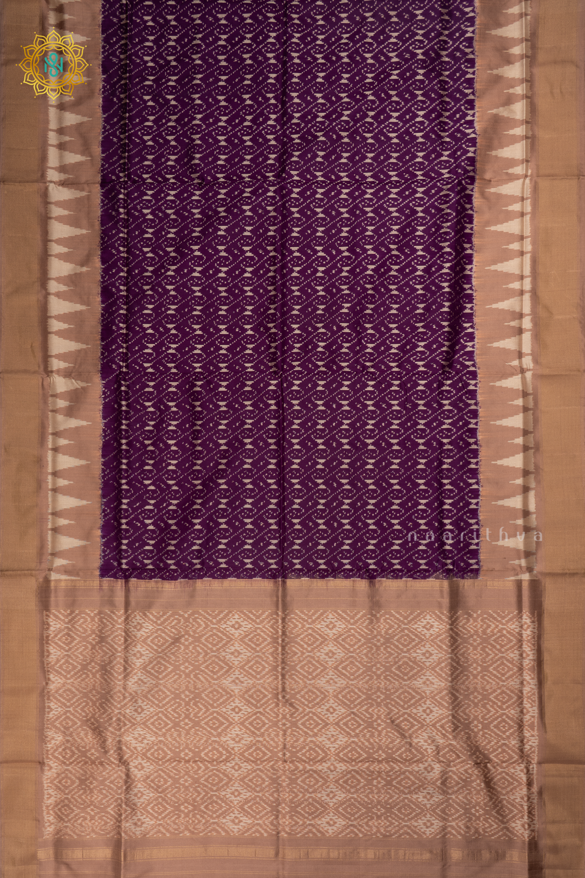 Purple with Beige Ikkat Pure Silk Saree with Patola Printed Body and Zari Border