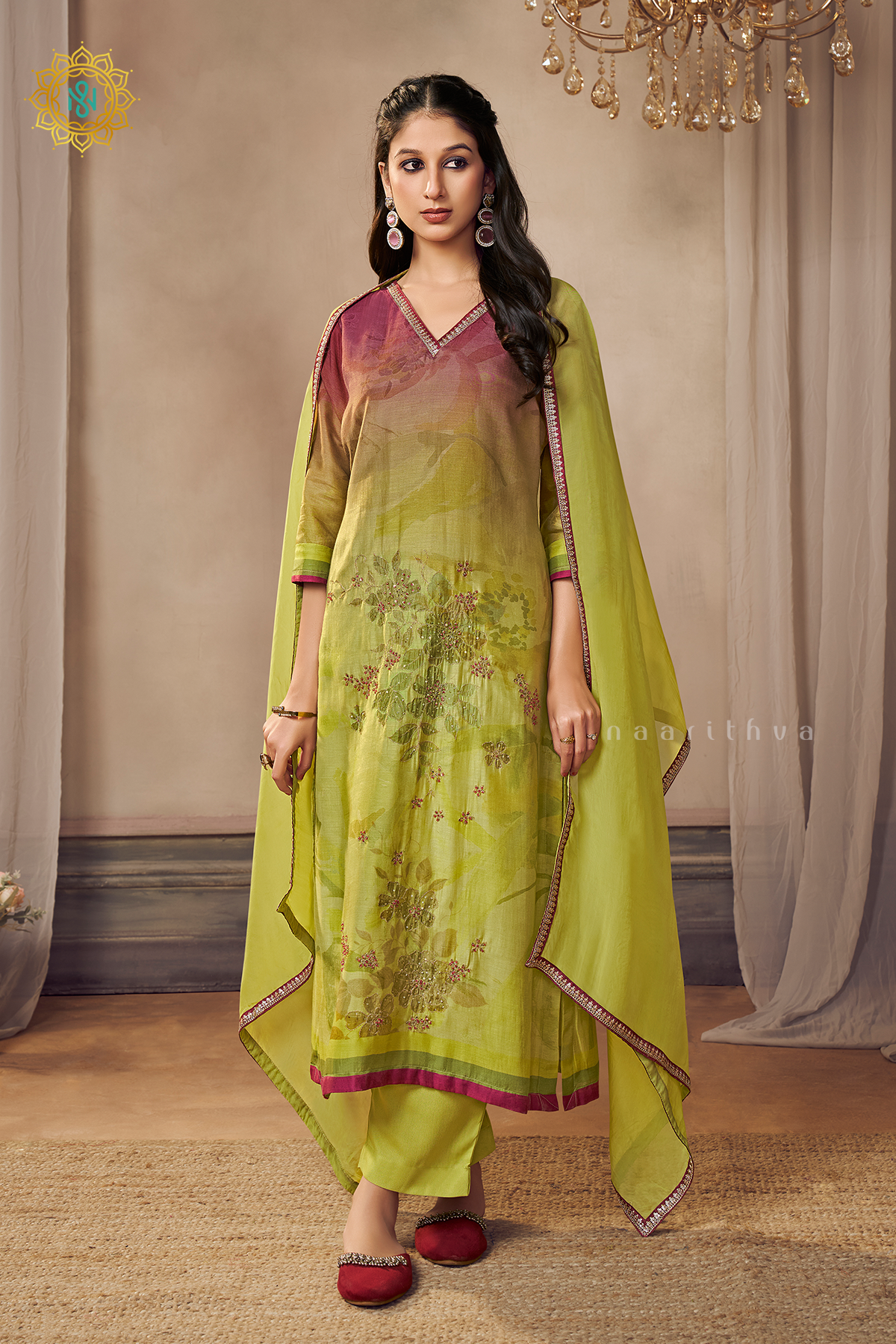 LIGHT PINK WITH LIME GREEN - CREPE 3PC SALWAR SUIT WITH TOP, BOTTOM & DUPATTA