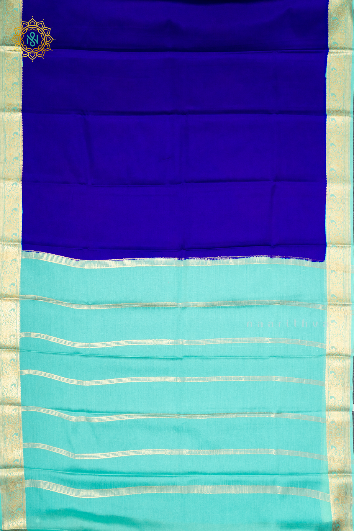 ROYAL BLUE WITH AQUA GREEN - PURE MYSORE CREPE SILK