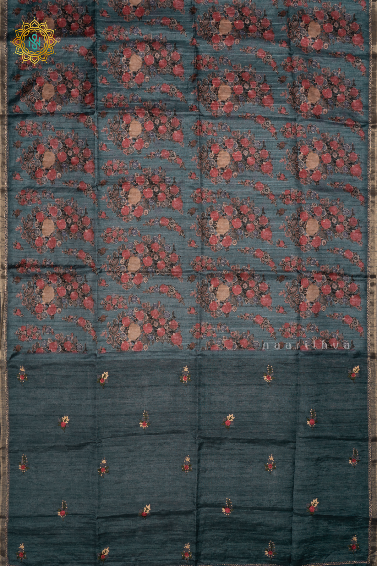 PEACOCK BLUE - KOTHA TUSSAR SAREE WITH PRINTED BODY, EMBROIDERY WOVEN BUTTAS AND AARI WORK BORDER