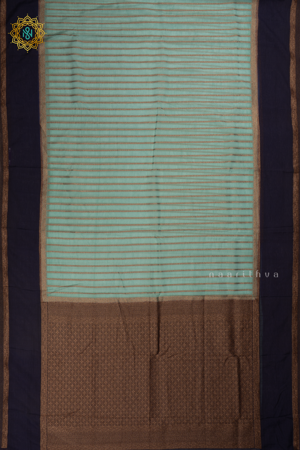 Aqua Blue with Navy Blue Semi Chiffon Georgette Saree with Allover Zari Stripes and Zari Gap Border